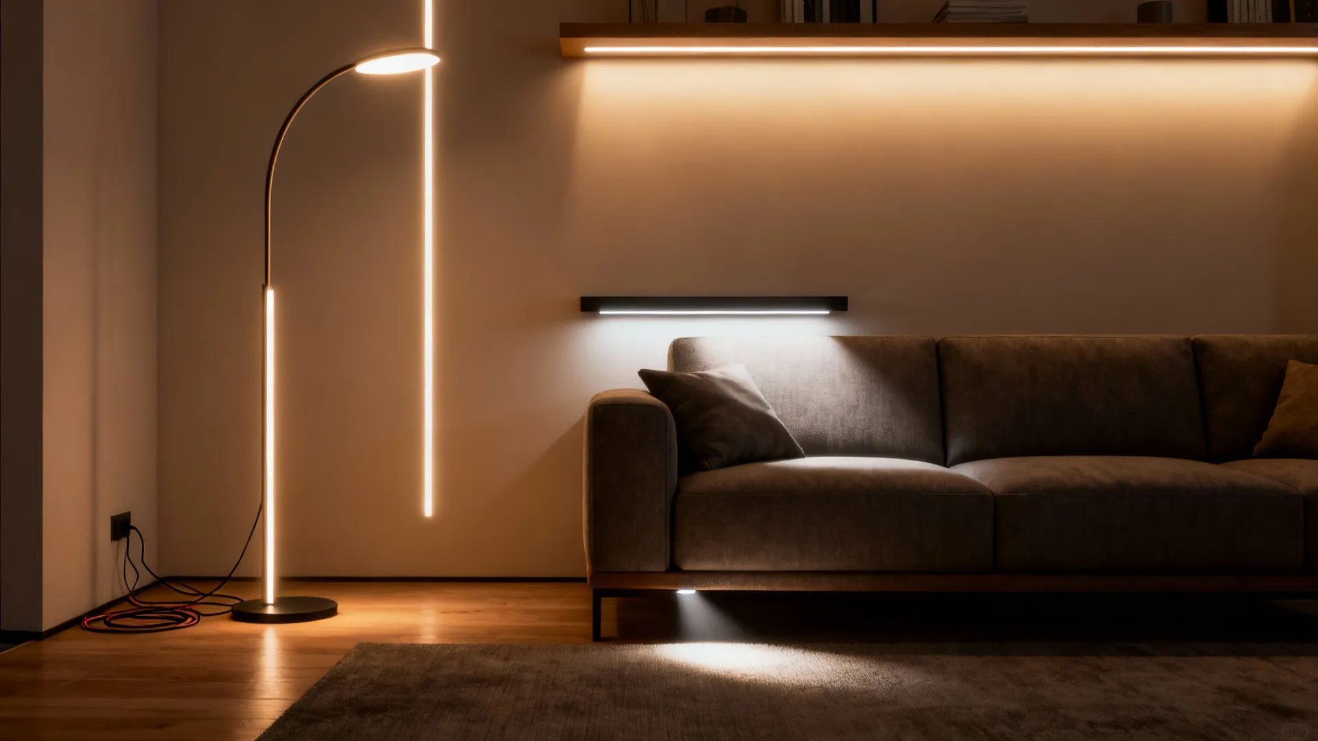 Slim floor lamp and LED strip under a floating shelf creating upward wash to lift a low ceiling