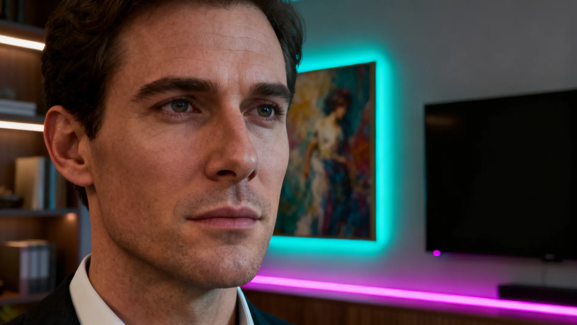 Shelving and TV area with restrained colored LED accents and warm ambient light.