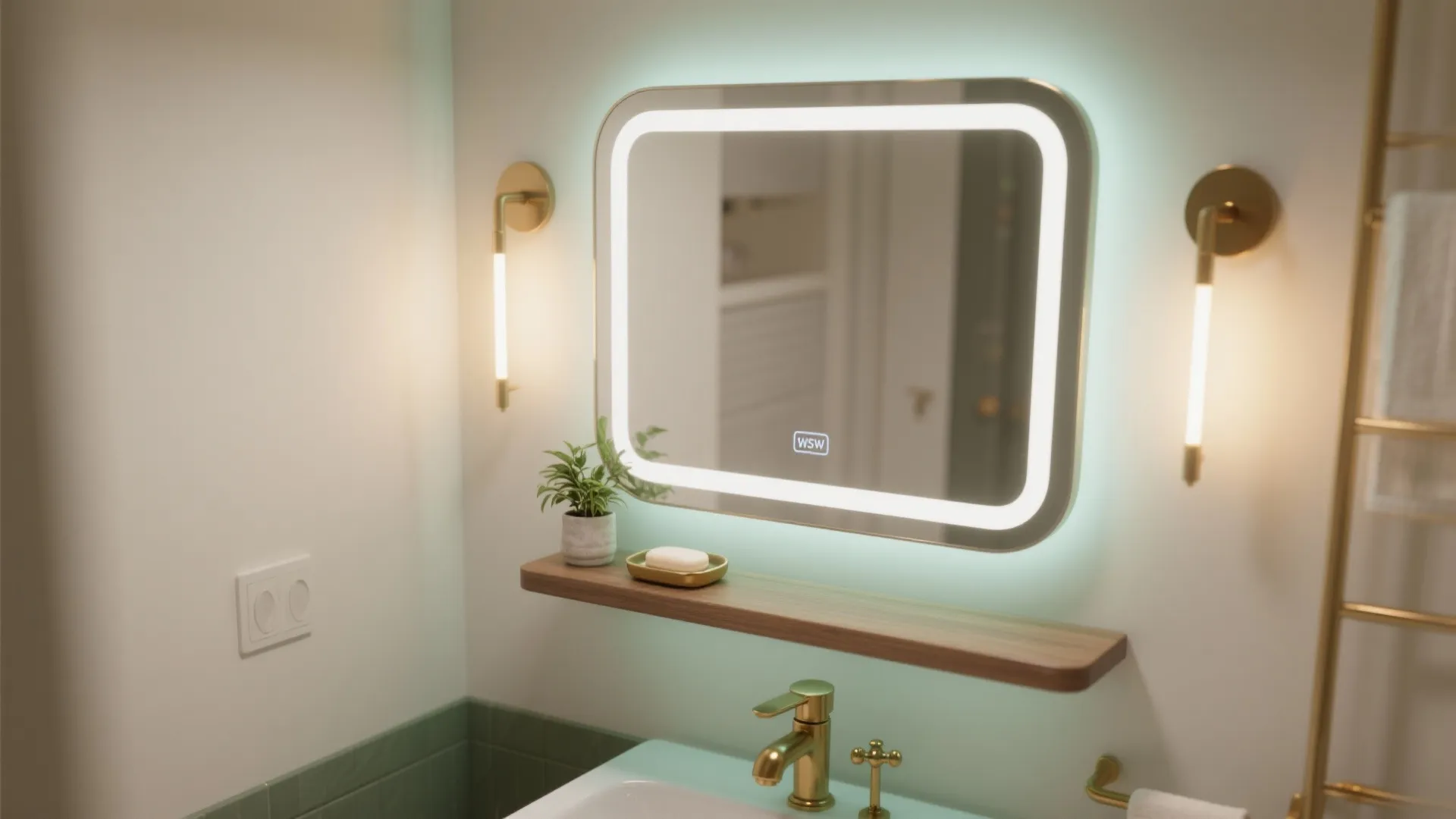 Modern bathroom with glowing mirror two golden wall lights wooden shelf and a golden faucet