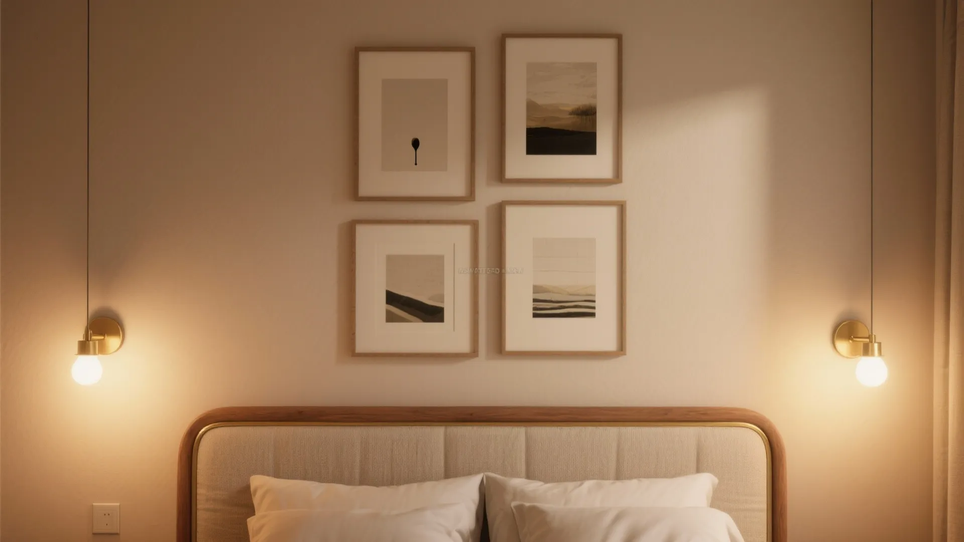 Warm bedroom wall with four framed art prints hanging above a neutral fabric headboard design