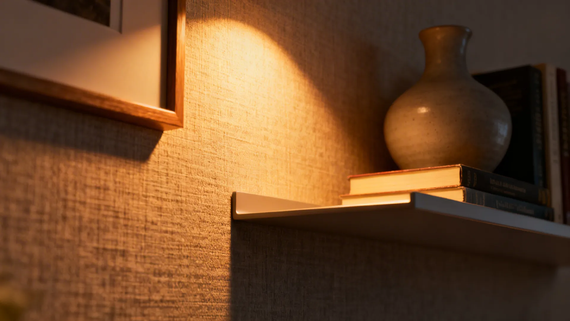 Macro of a warm picture light grazing a textured wall and curated shelf.