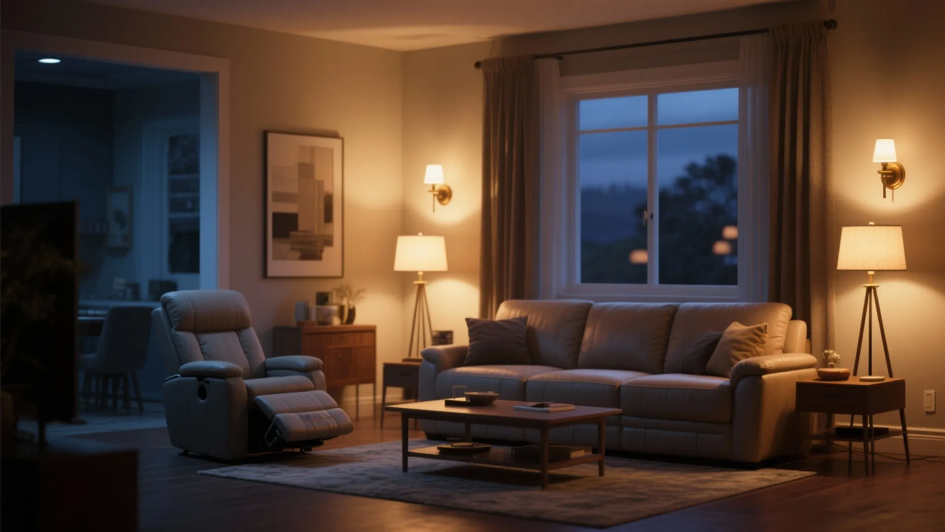 Recliner sofa illuminated by wall sconces and floor lamp