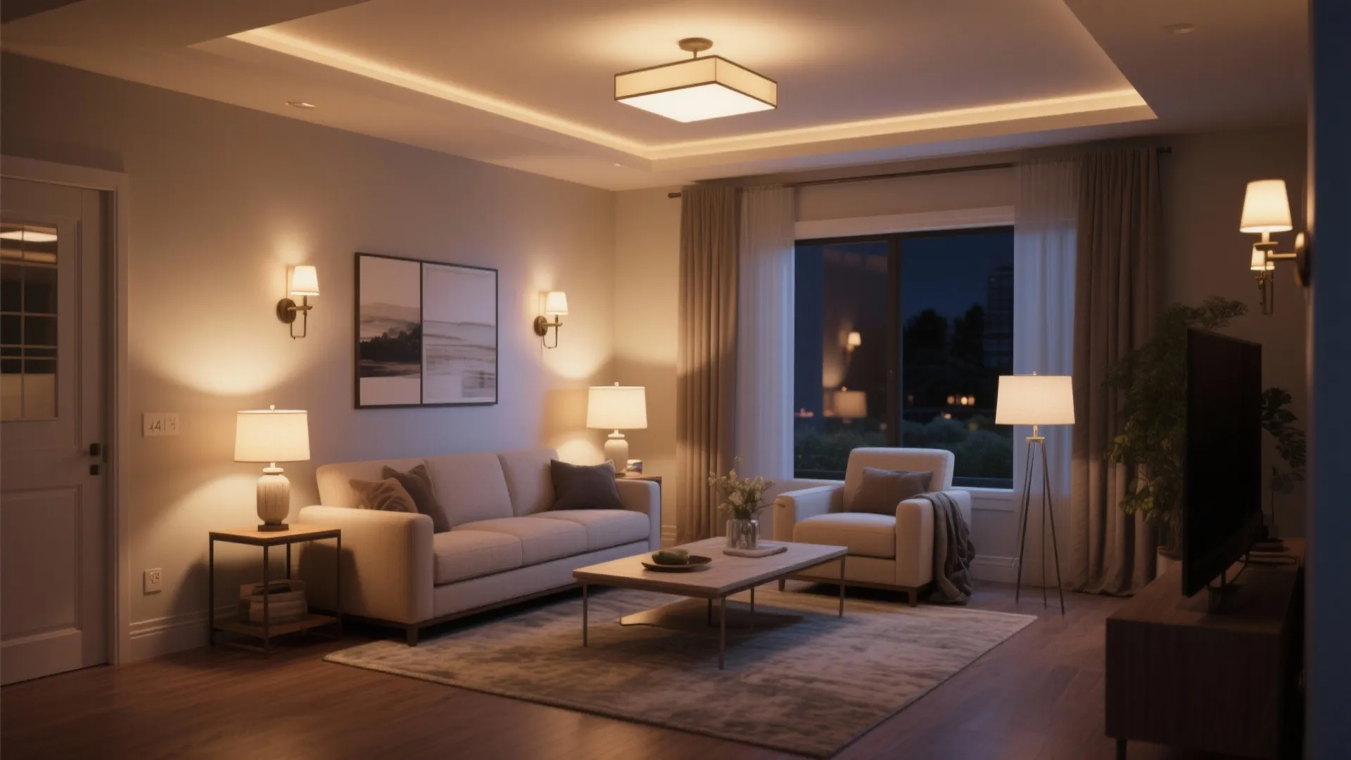 Living room at night featuring warm wall lights table lamps a ceiling light and seating