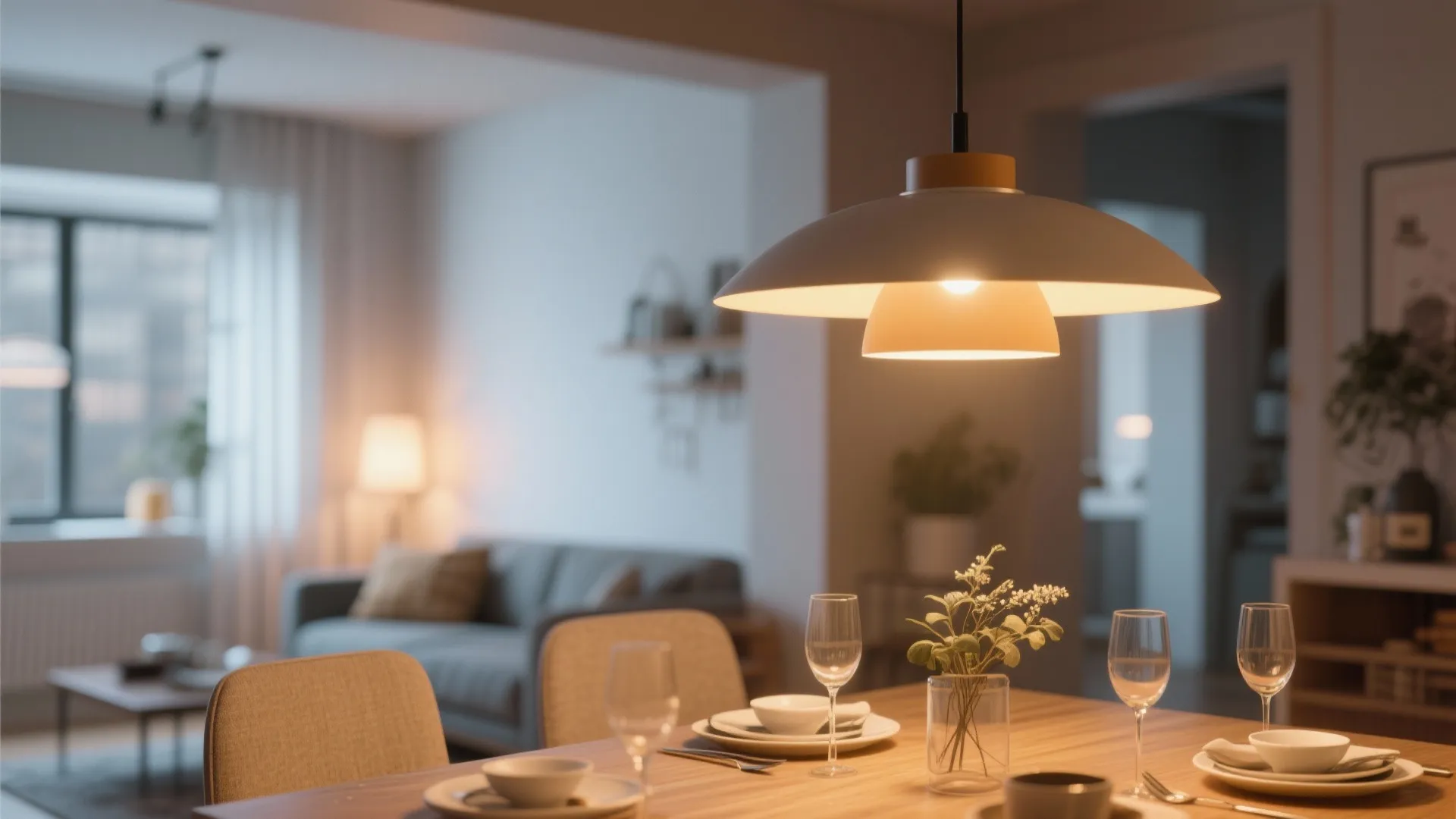 Modern dining room with wooden table white ceiling light warm lighting and blurred living room