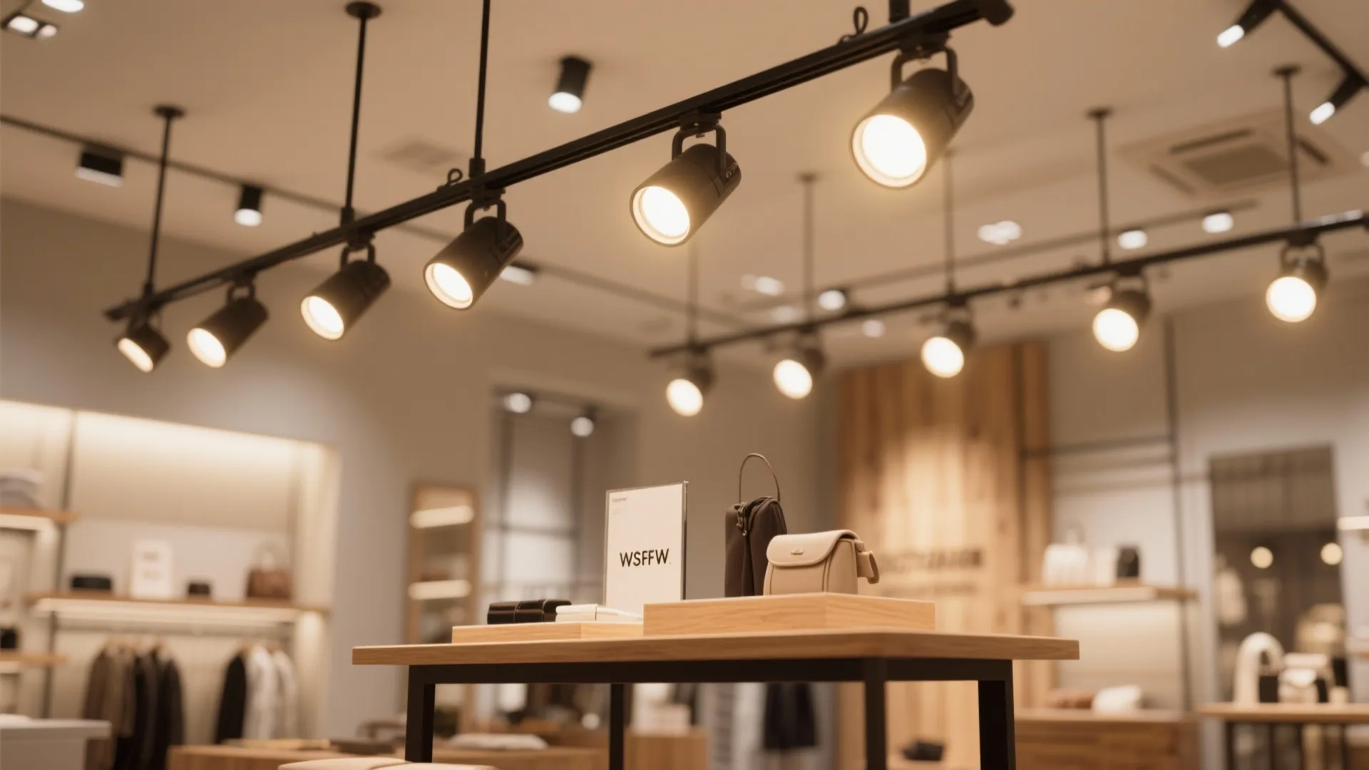 Modern retail store with black track light fixtures illuminating clothing and bags on wooden tables