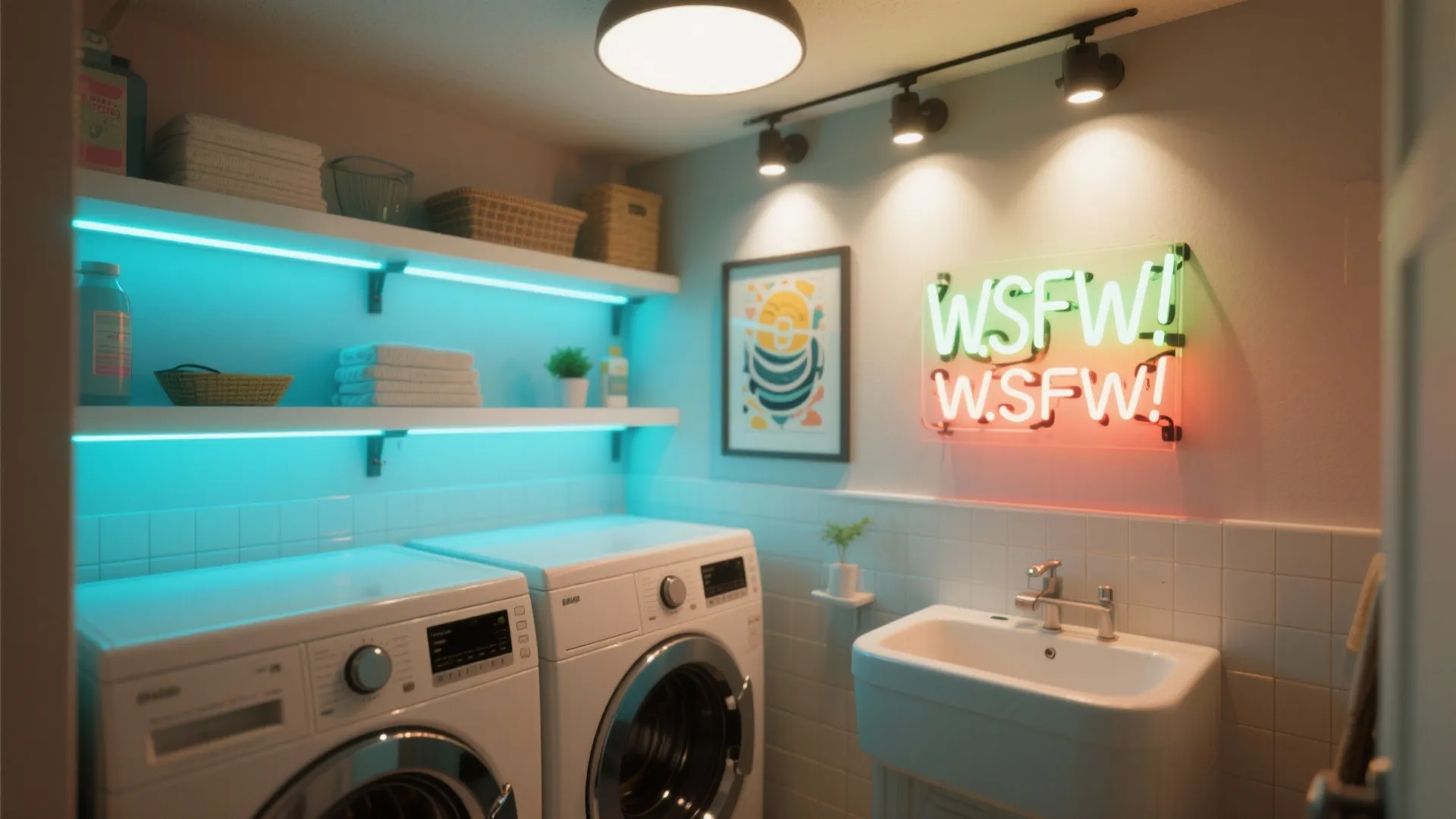 Laundry room with two washing machines colorful neon wall sign blue shelf lights and sink
