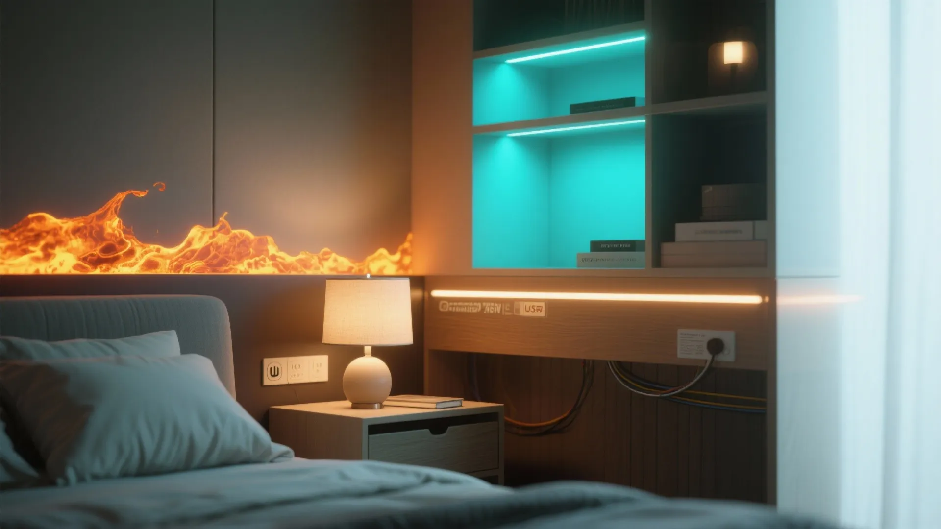 Bedroom with blue shelf lighting, table lamp, and orange flame light effect on the wall