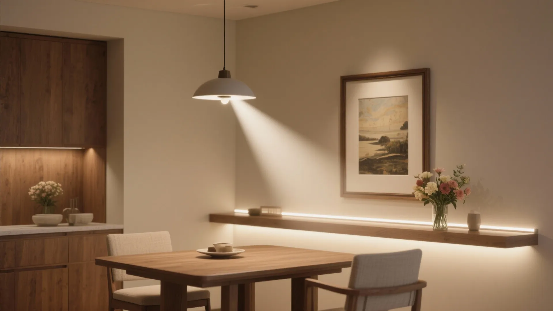 Dining room with a ceiling light focused on a wooden table beside a lit shelf