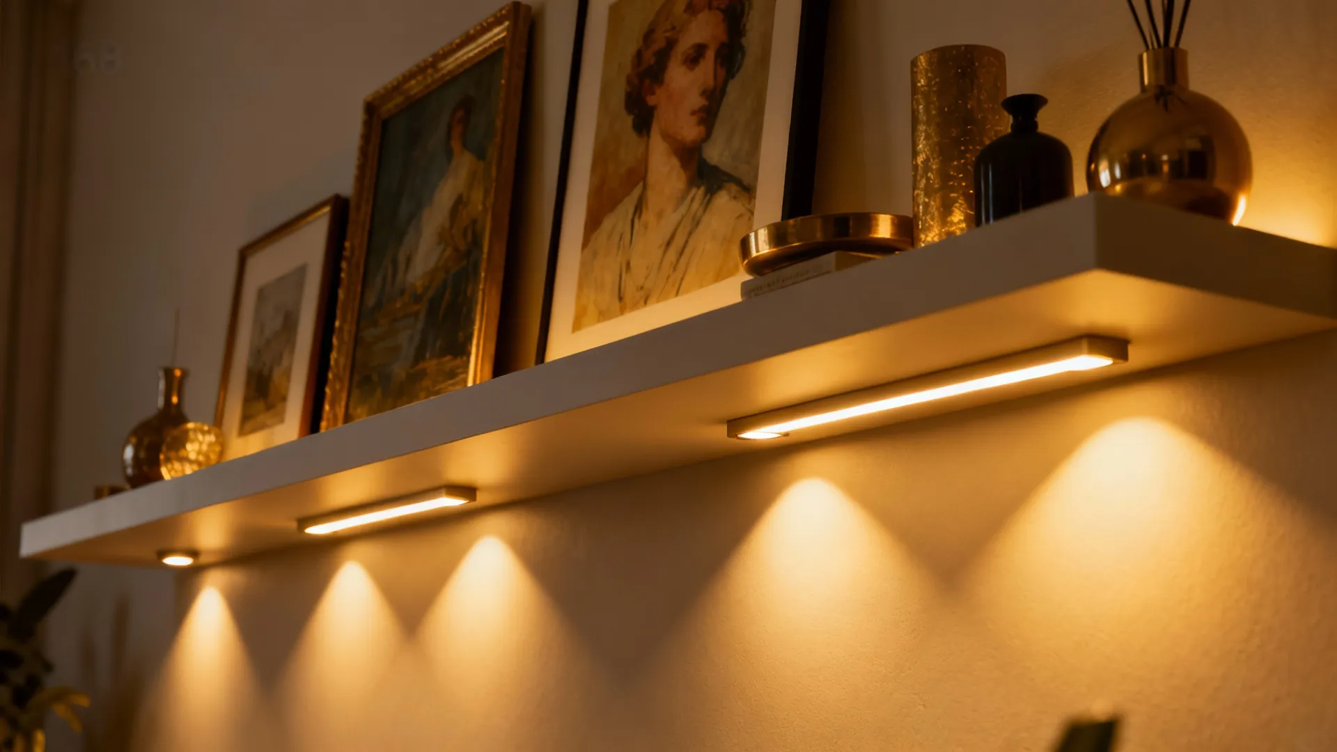 Accent picture light and under-shelf LEDs highlighting artwork and objects on a shelf.