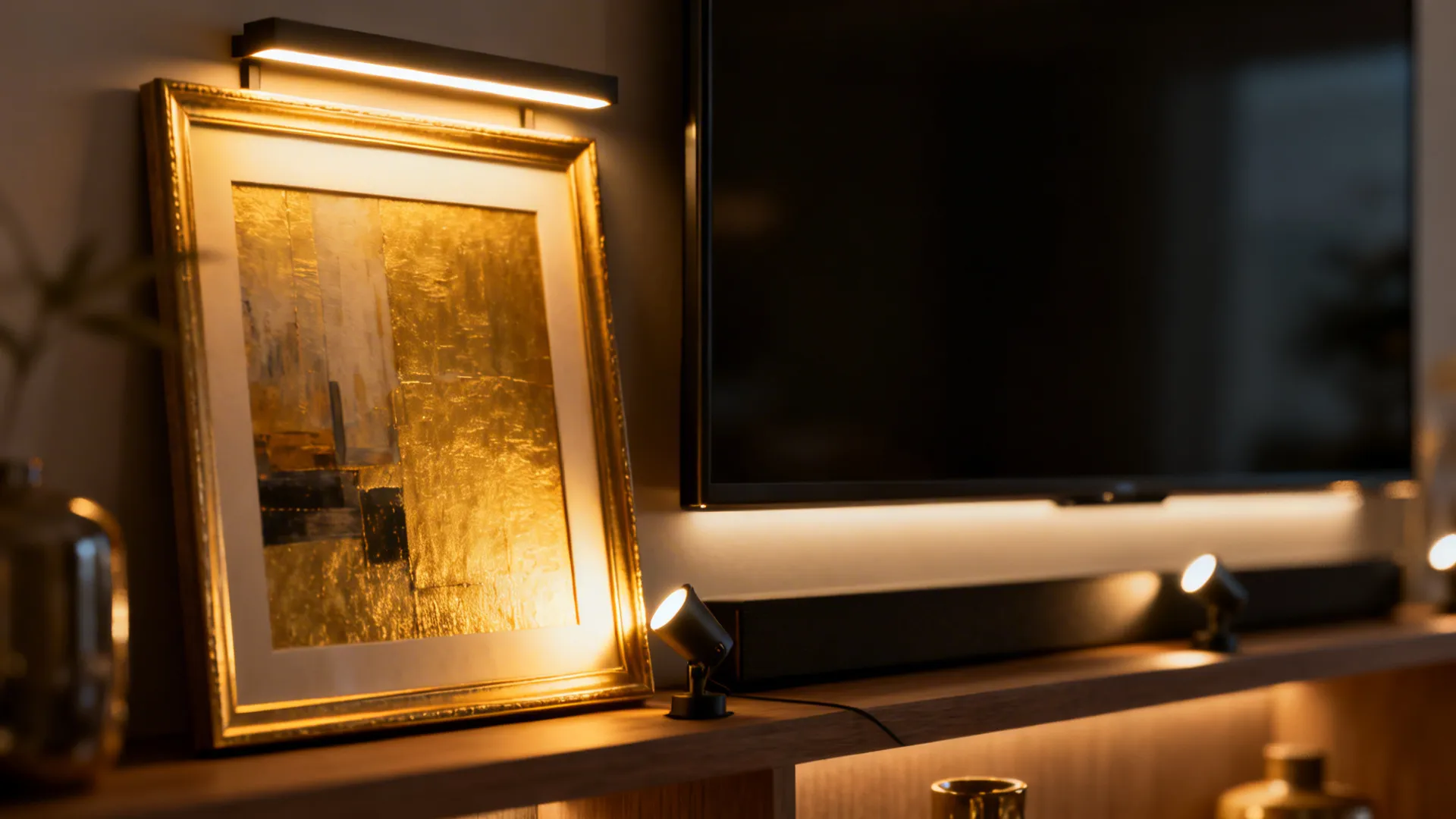 Accent lights including picture light and LED strips highlighting art and TV panel.