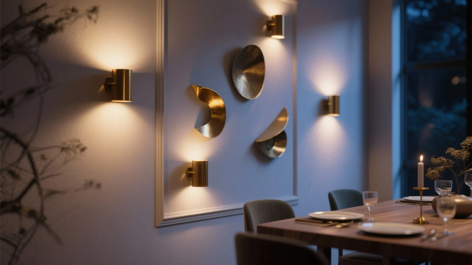 Asymmetrical brass sconces creating artistic shadows in dining room