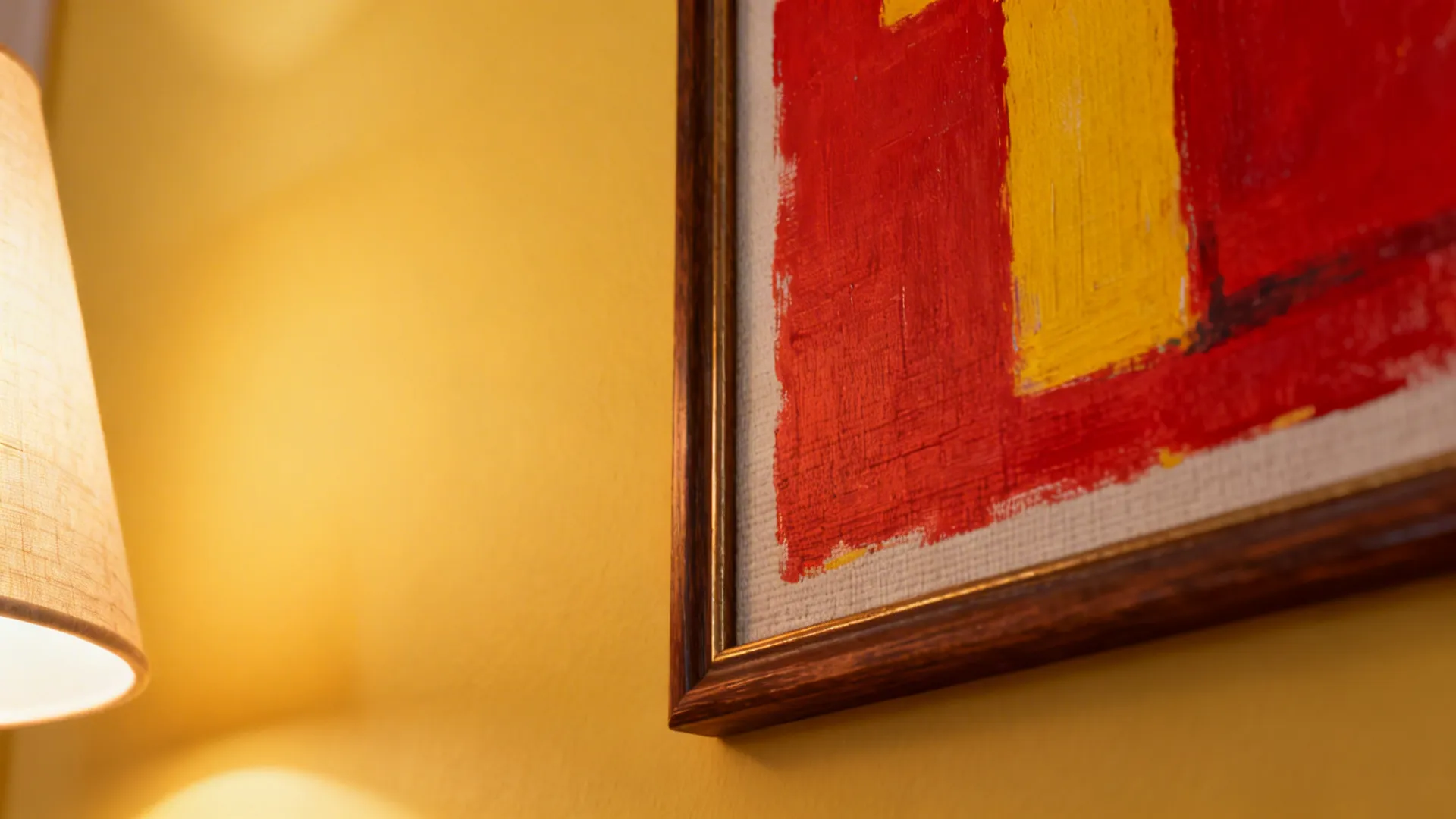 Warm accent lighting illuminating red-and-yellow artwork on a soft yellow wall.