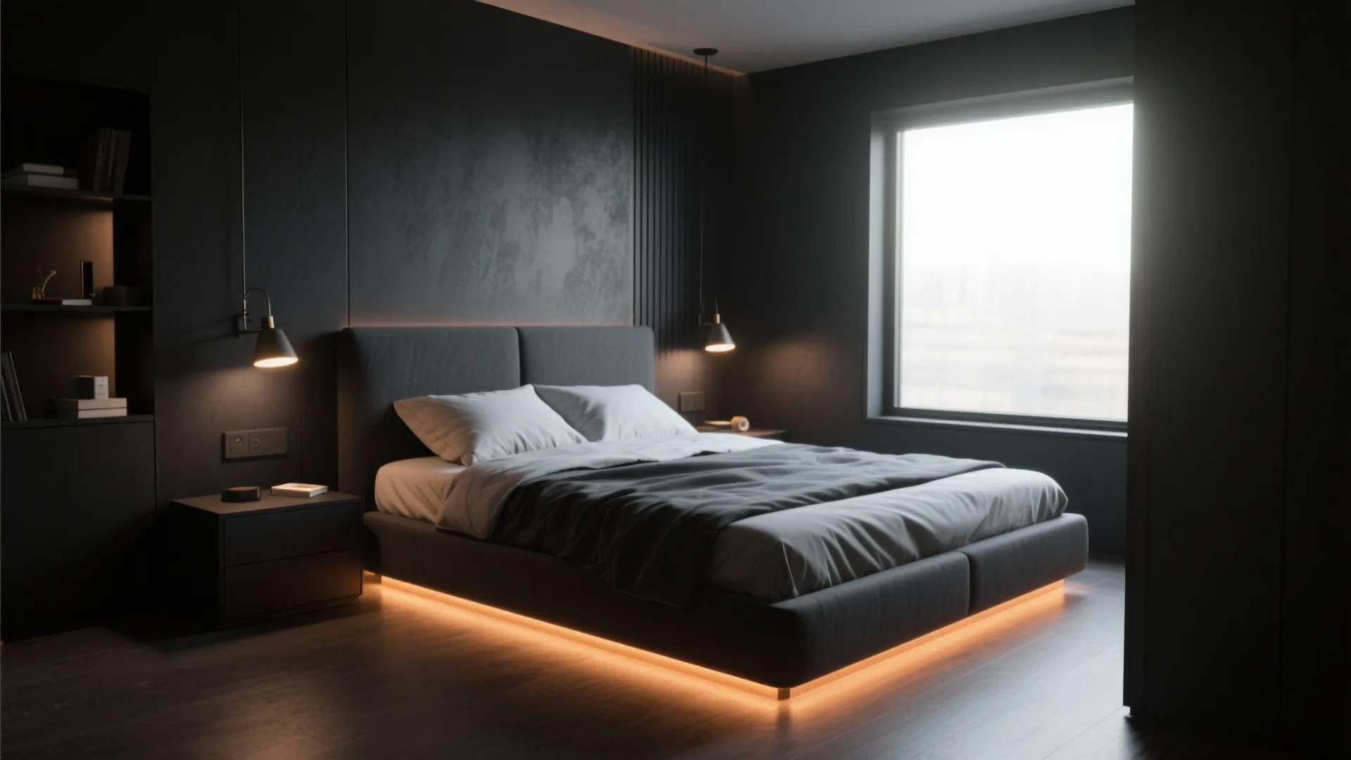 Dark modern bedroom with warm orange light under the bed and two black wall lights