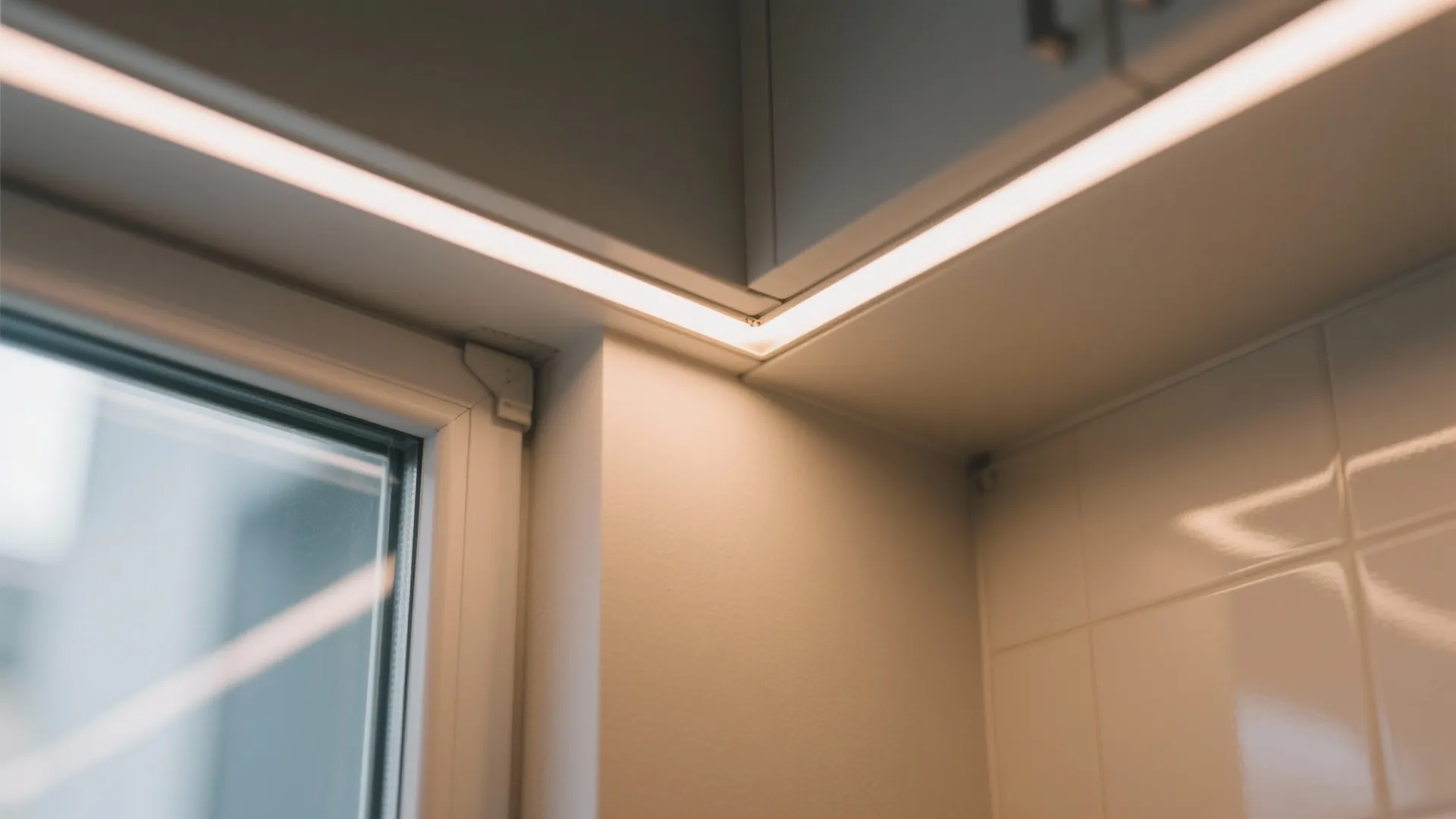LED strip lighting above a corner kitchen window frame with warm glow