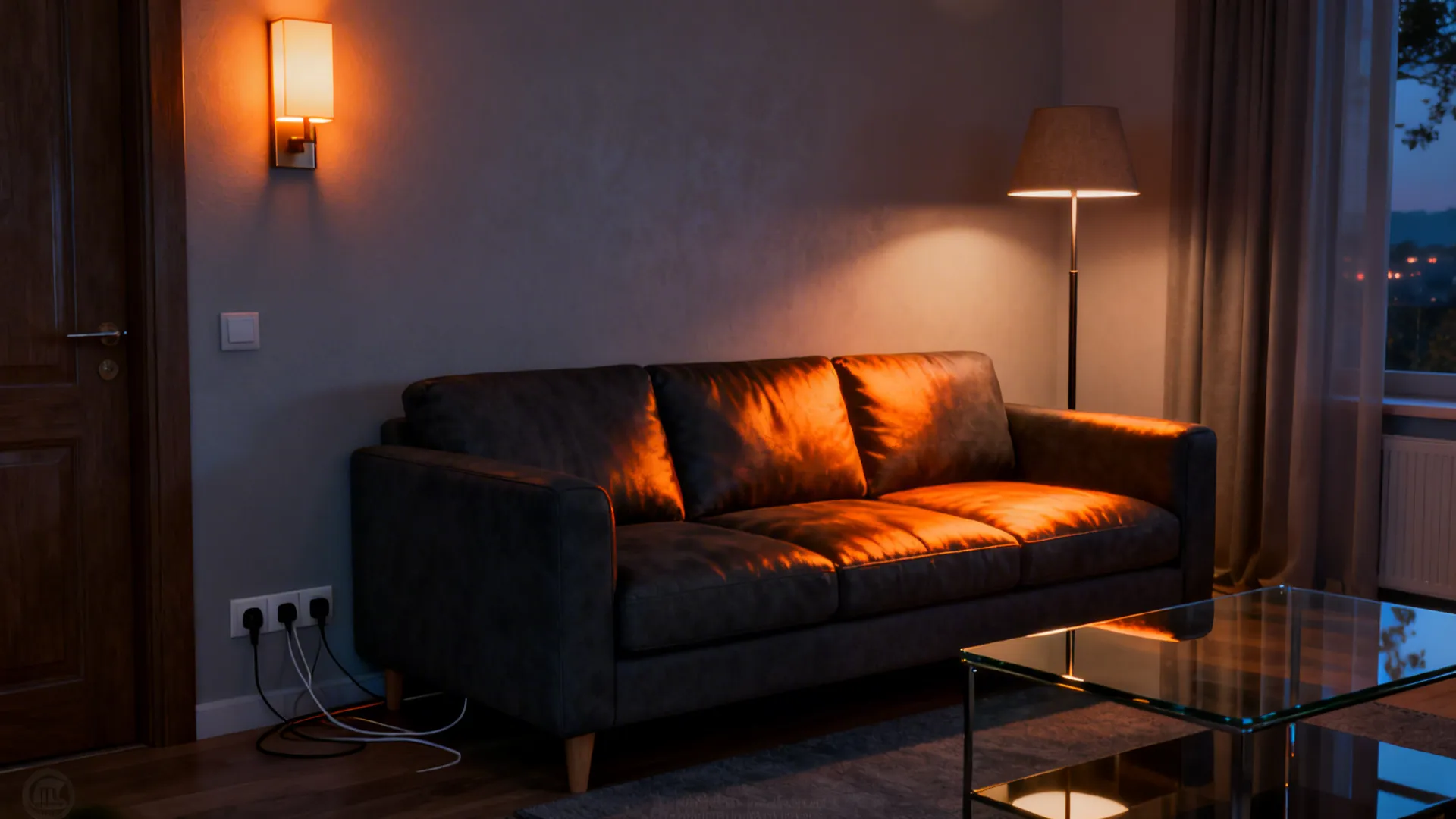 Dark living room with leather sofa lit by warm wall light floor lamp and table
