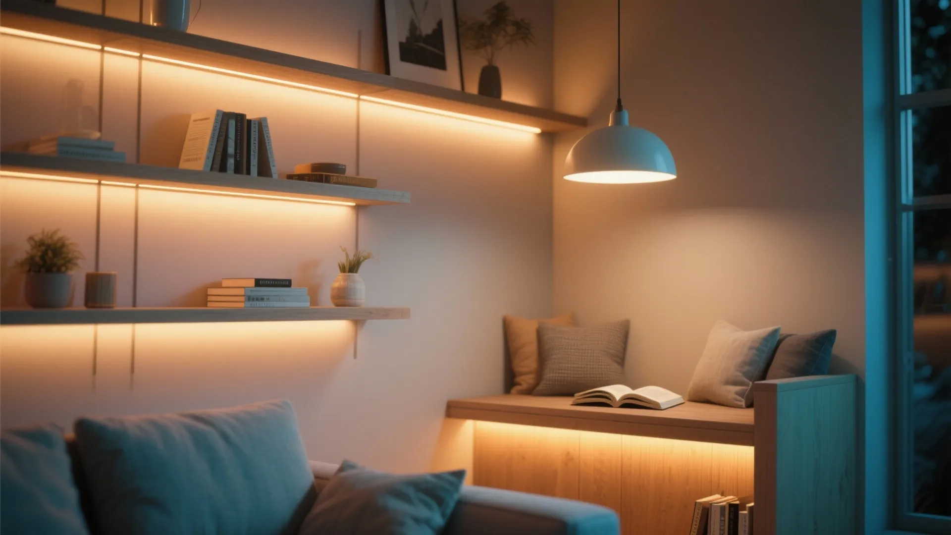 Modern reading nook with wooden wall shelves featuring warm light fixtures and a cozy bench