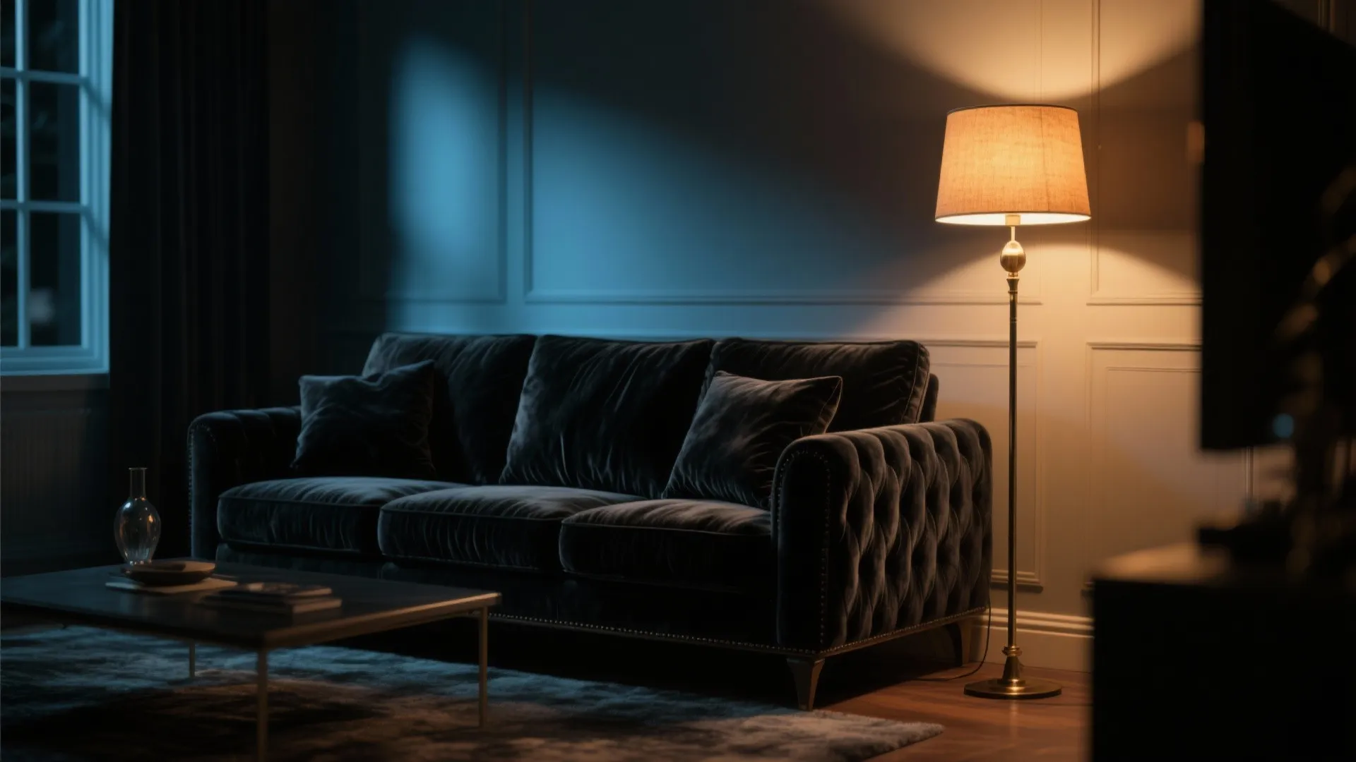 Dark living room featuring velvet sofa, tall floor lamp, wall panel, coffee table, and window