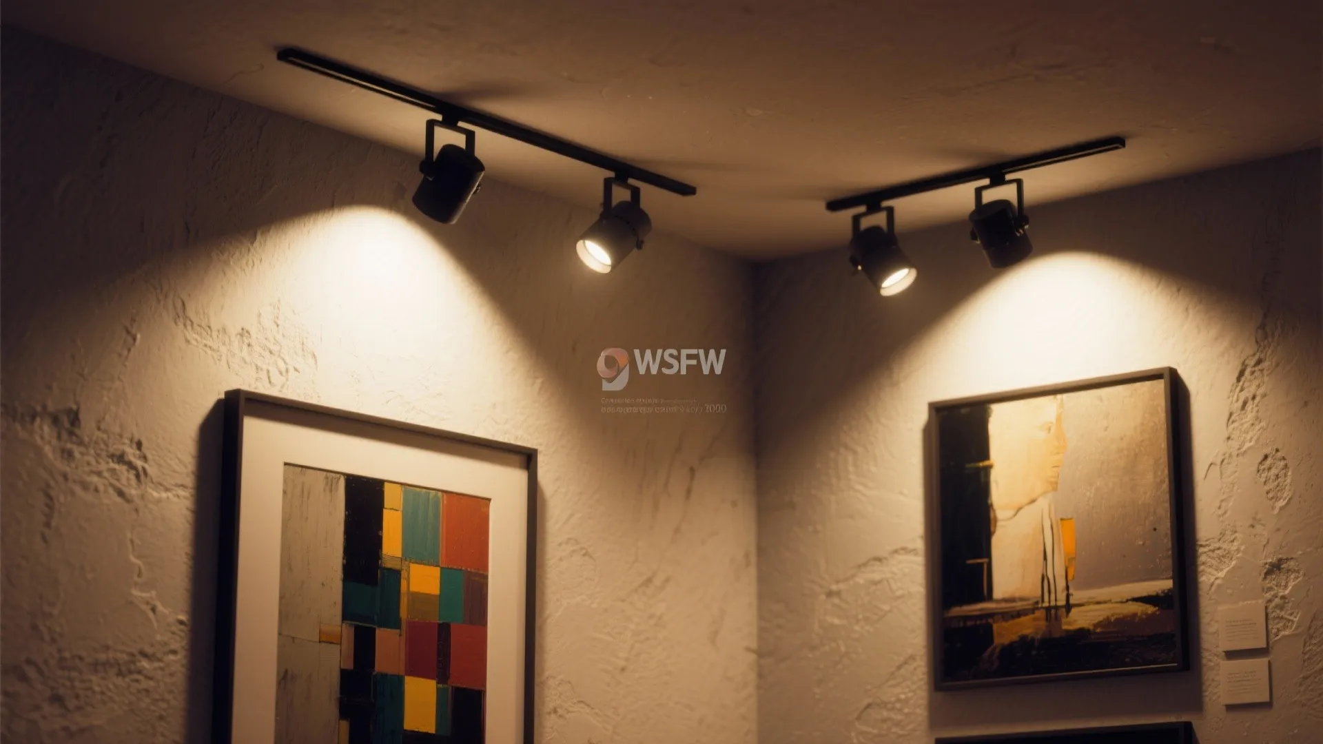 Art gallery wall with black track lighting shining on colorful paintings and white textured walls
