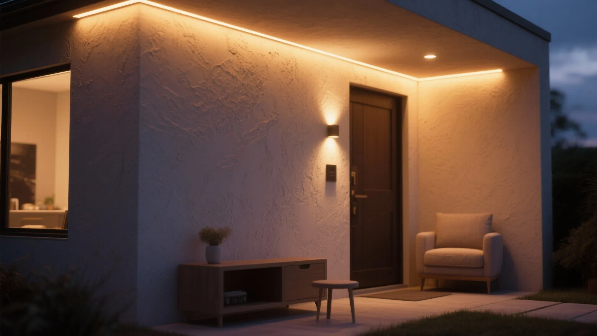 Exterior house entrance at night with warm ceiling light strip wall light chair and cabinet