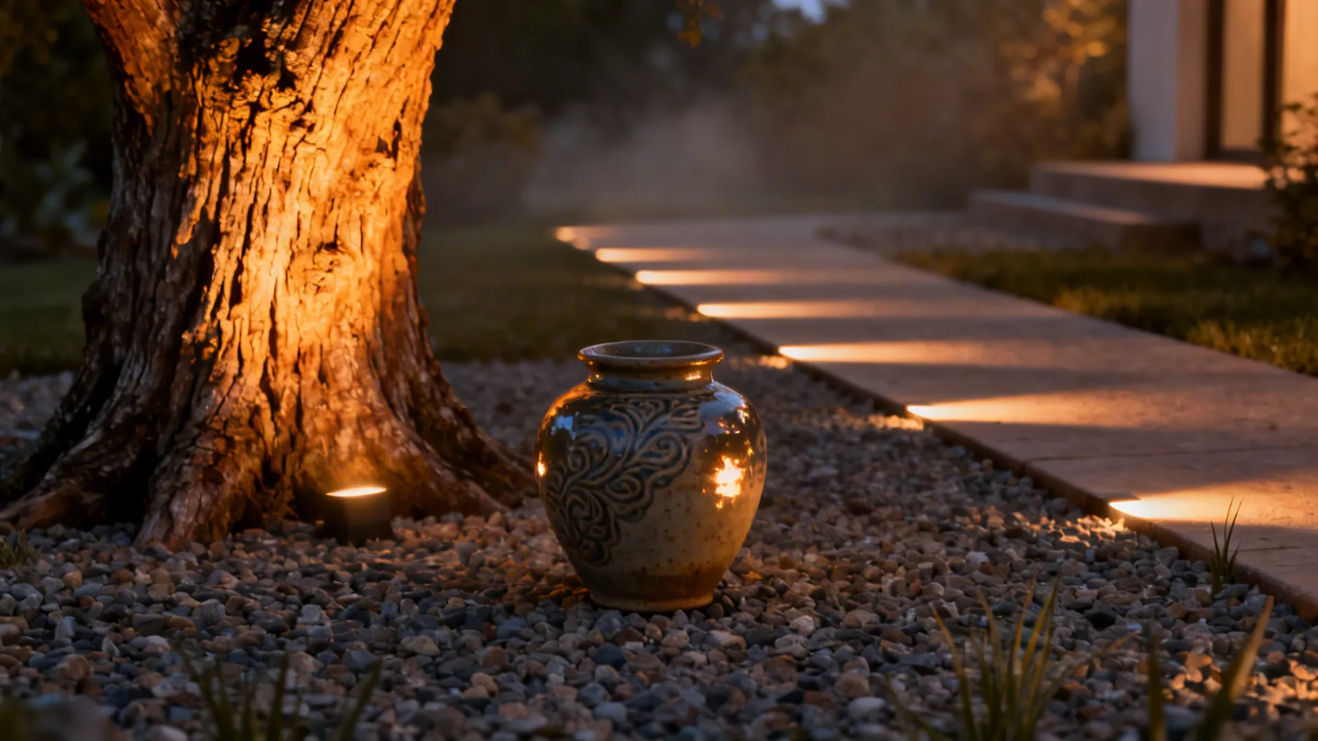 Warm uplighting on a specimen tree and path lights highlighting a sculptural pot in a small yard at dusk.