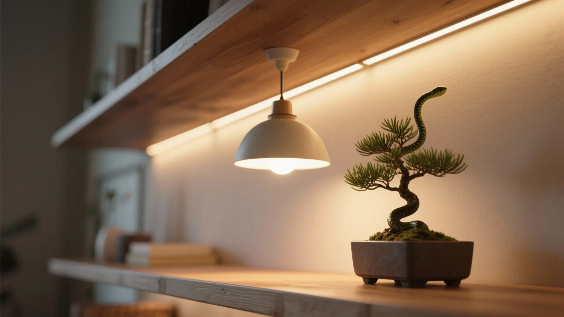 Small green plant on wooden shelf with white ceiling light and warm hidden light fixture