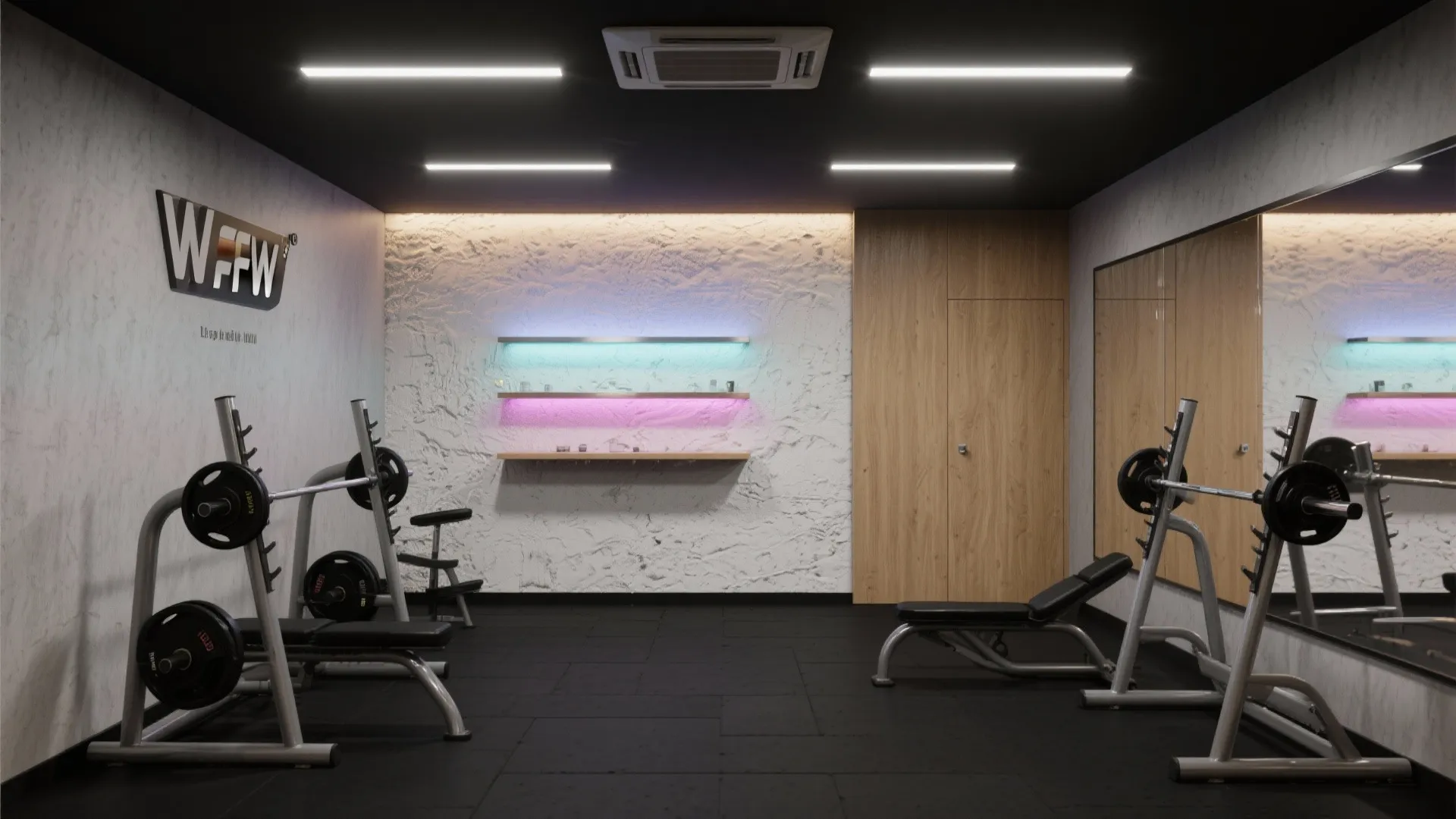 Compact gym with subtle RGB accent behind a shelf and gradient wash on a textured feature wall.