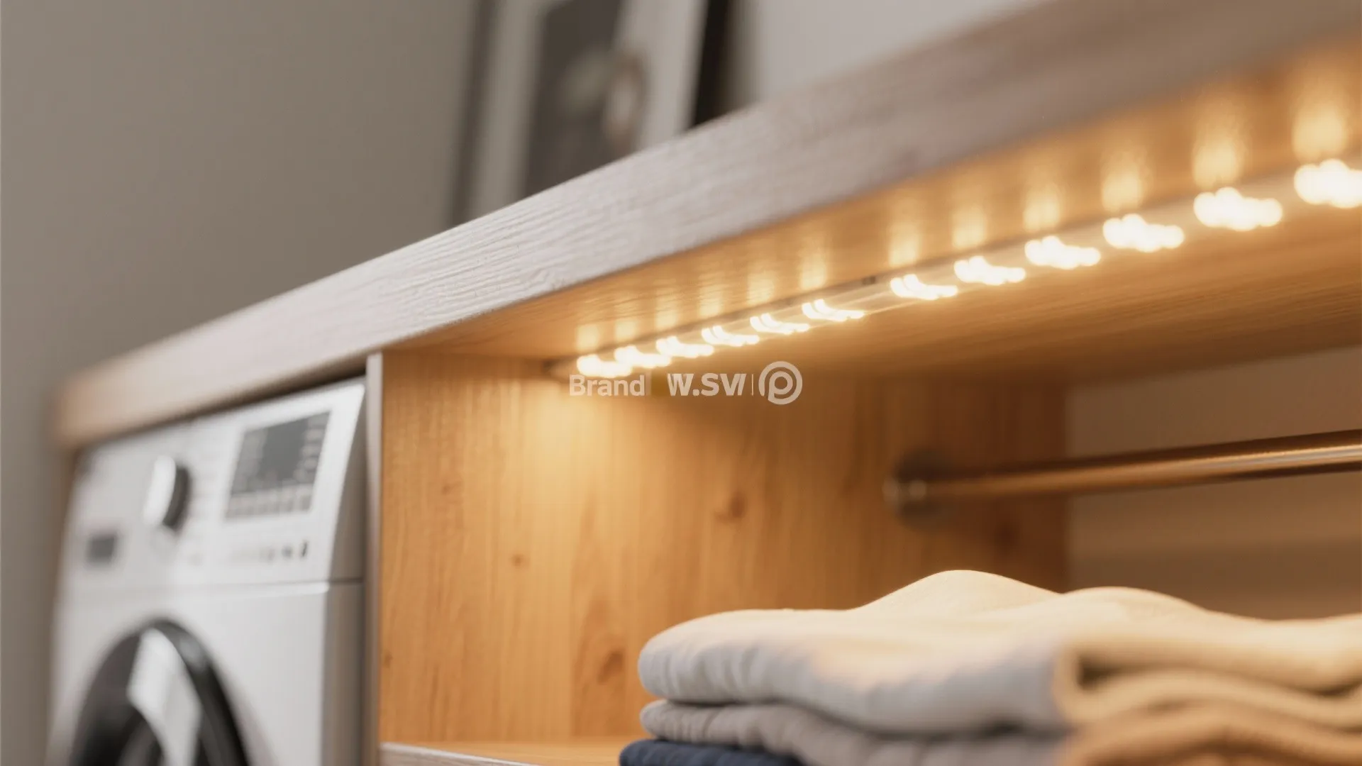 Close up of a warm led light fixture installed under a wooden laundry room cabinet