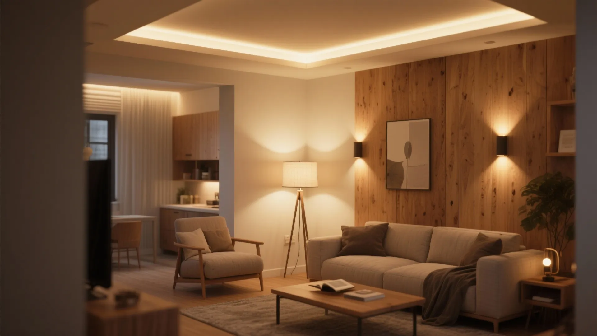 Warm living room with wall panel, two wall lights, floor lamp, and a comfortable sofa