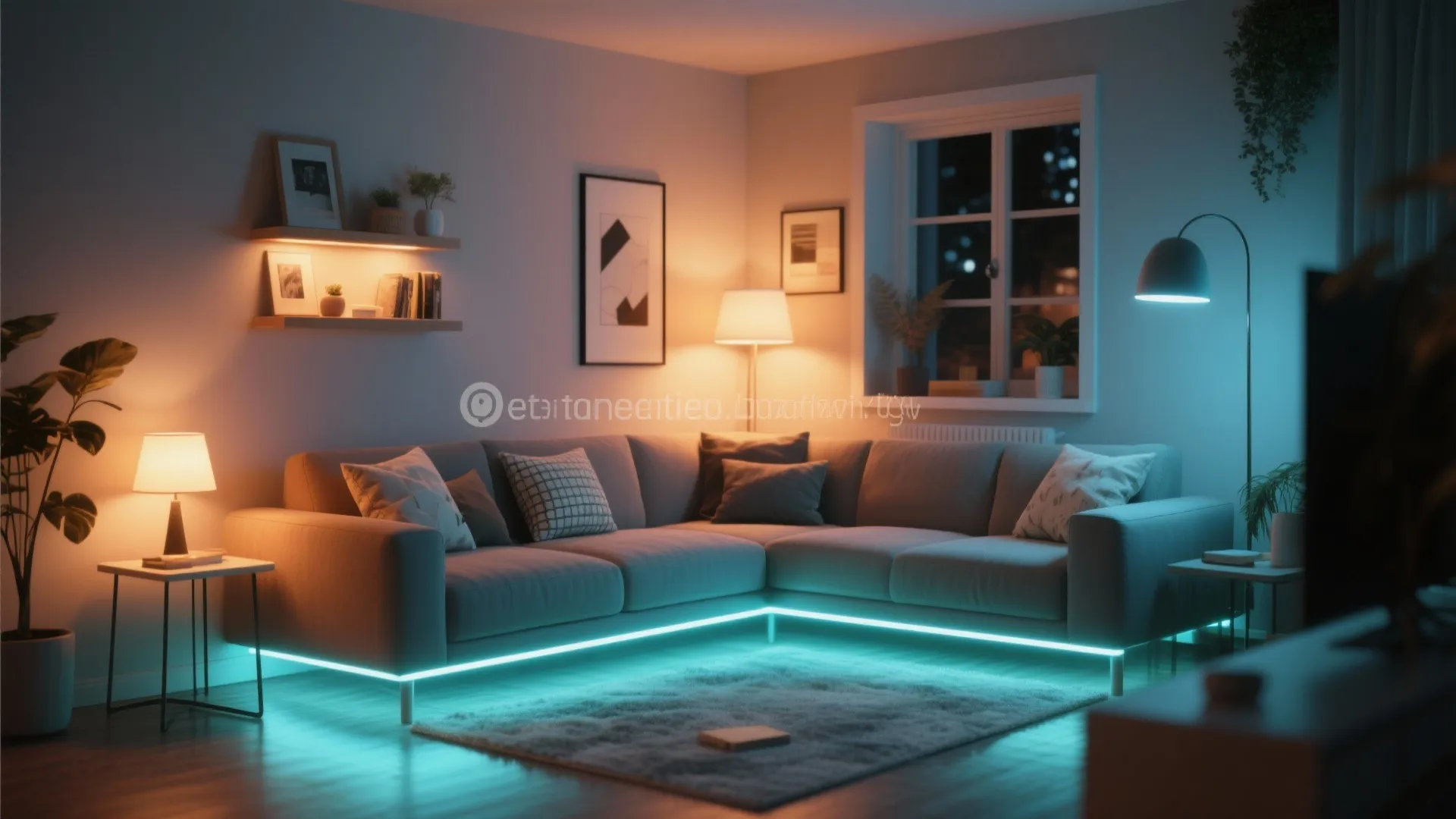 Modern living room at night with blue floor lighting warm wall lights and grey sofa