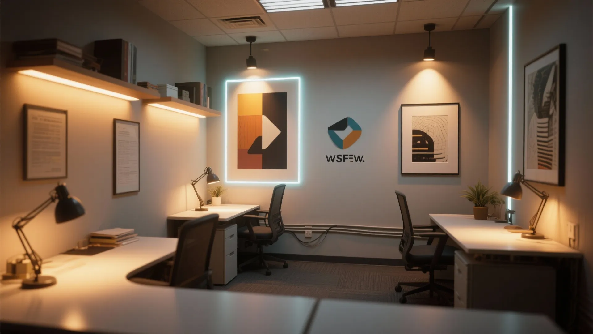 Modern office workspace with warm desk lamps black chairs wall art and soft glowing light fixtures