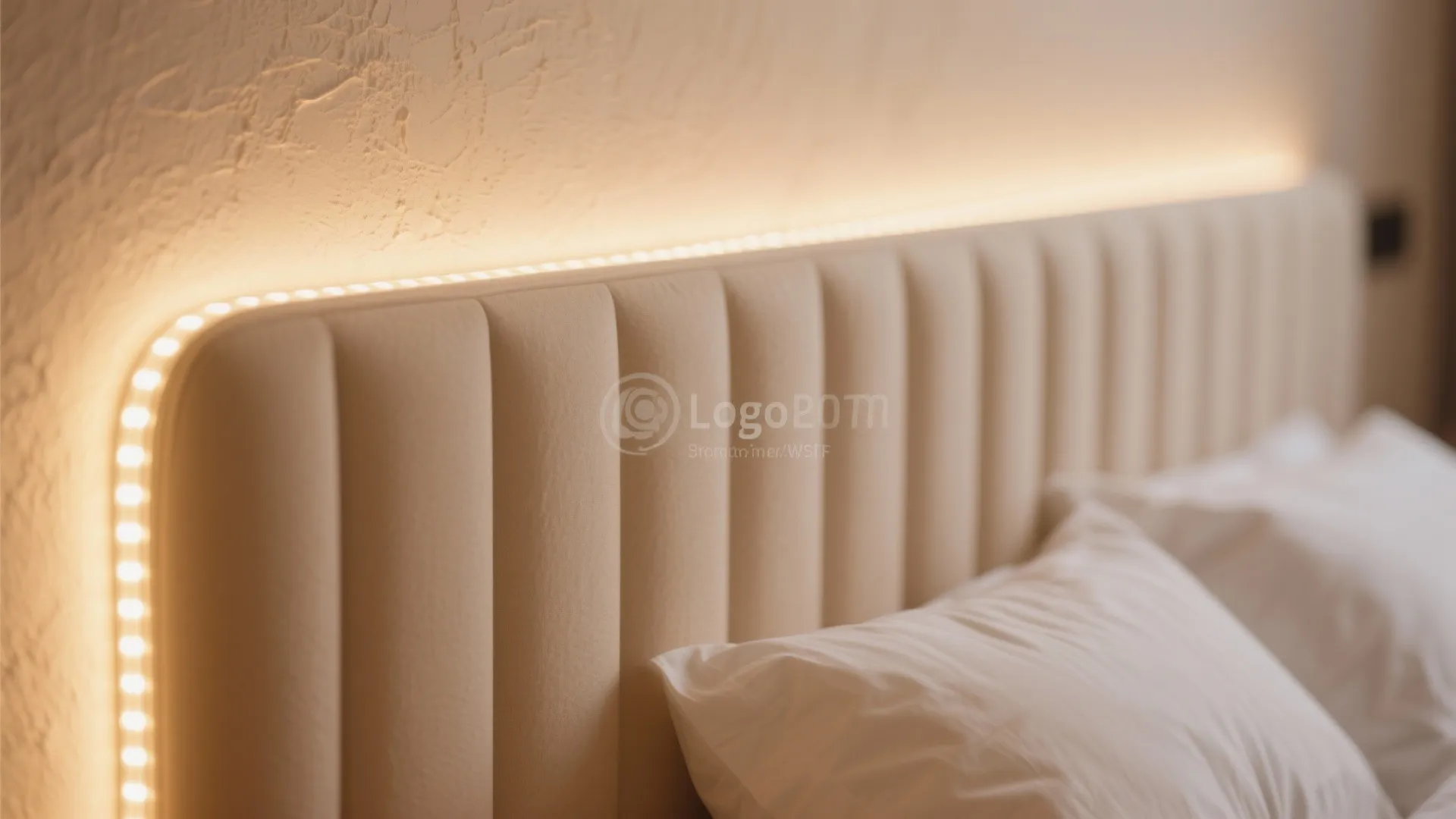 Warm LED lighting on sand wall behind headboard