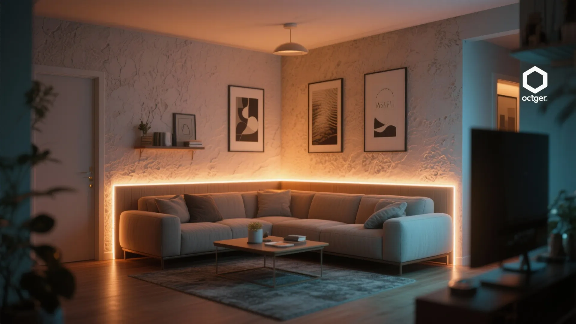 Living room featuring grey sofa with orange strip lighting, white textured wall, and coffee table