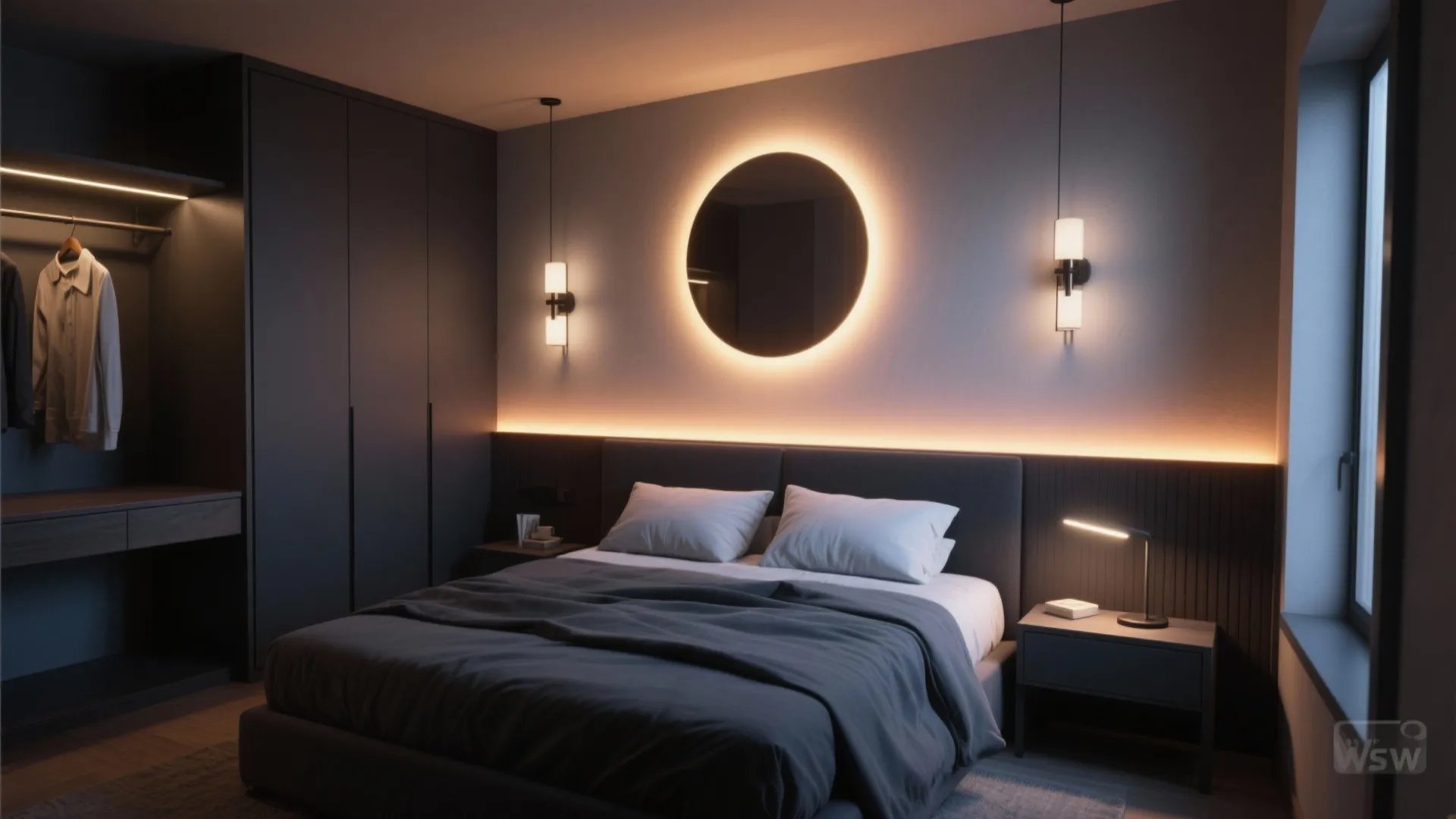 Modern dark bedroom with glowing round wall mirror two hanging lights and a grey bed