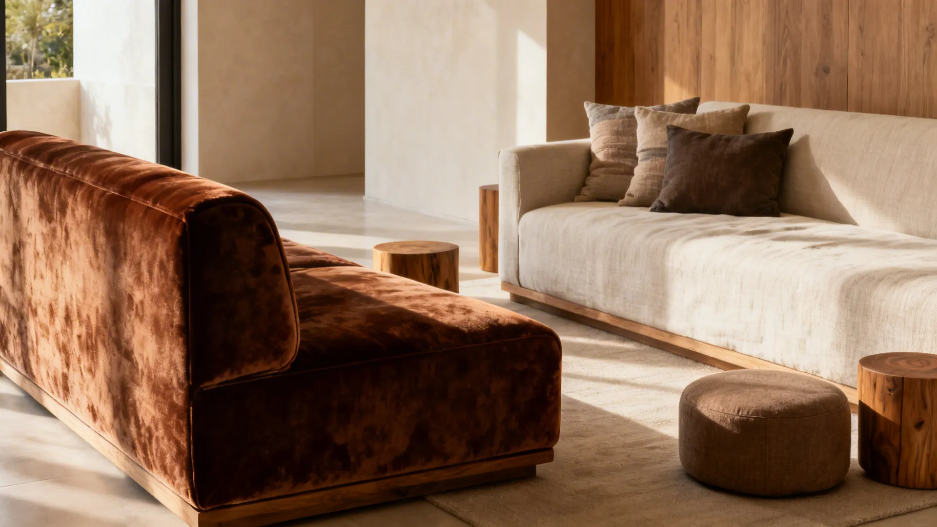 Velvet loveseat facing a minimalist linen sofa with layered textures and extra poufs in a small living room.