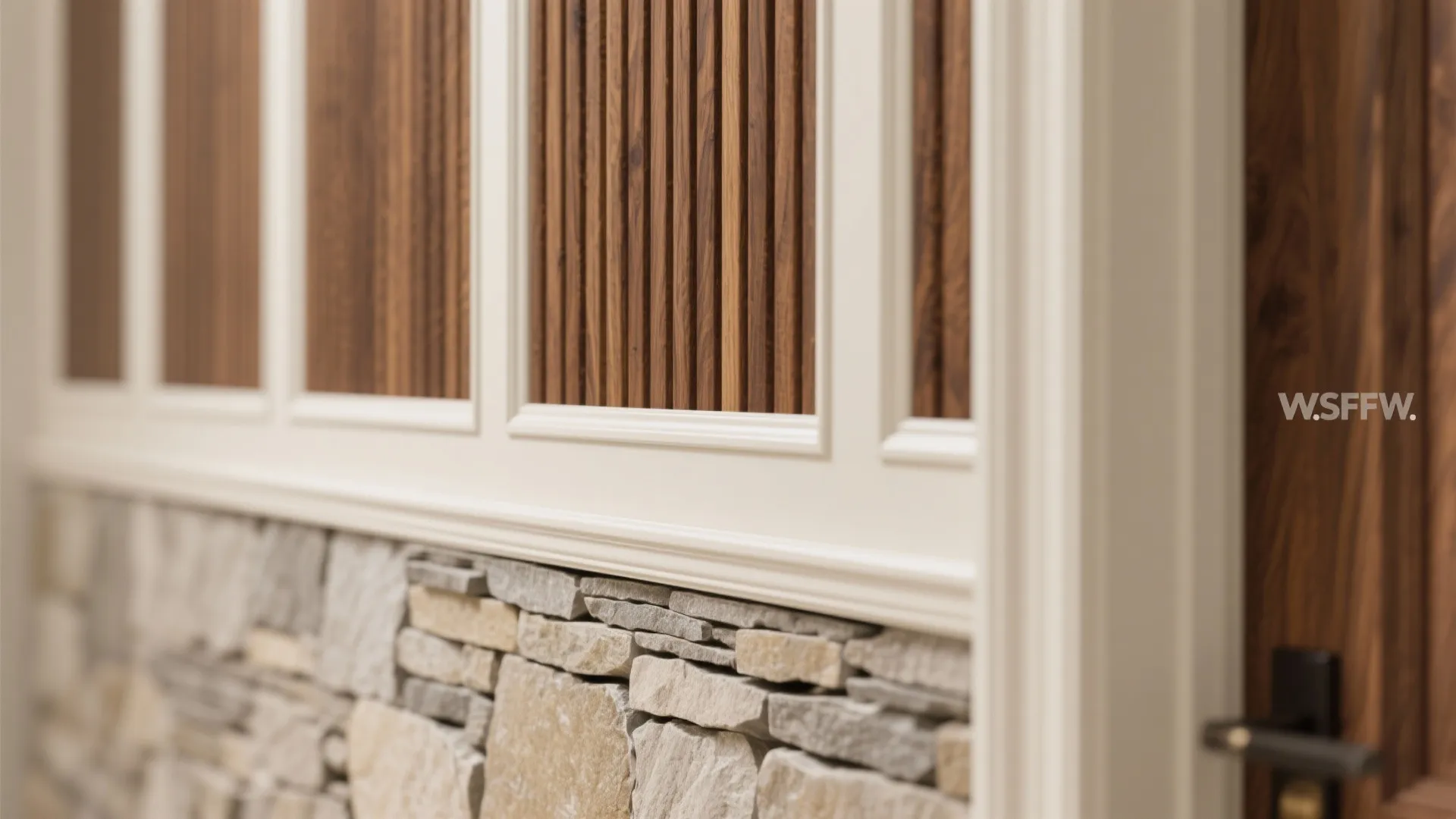 Close up of a wall panel featuring wooden vertical lines above a grey stone wall