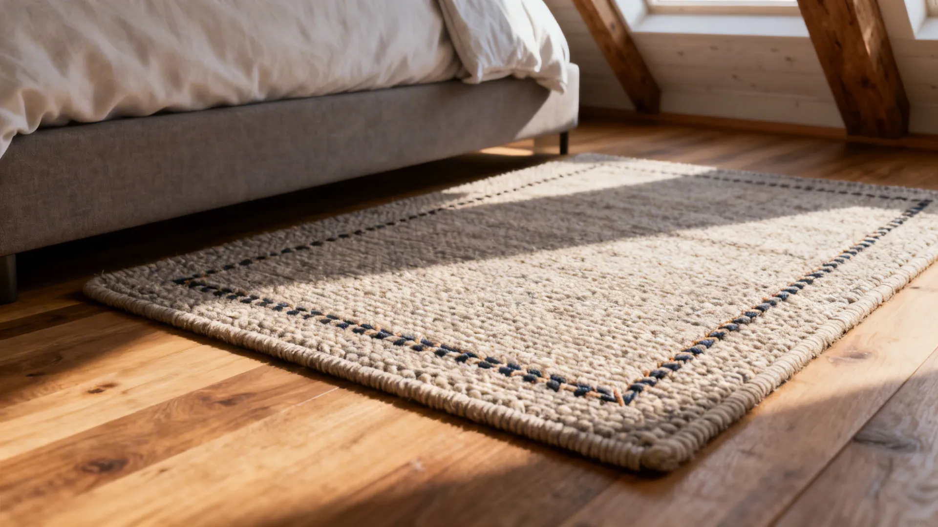 Close-up of a textured accent mat beside a bed in a tight loft bedroom emphasizing texture