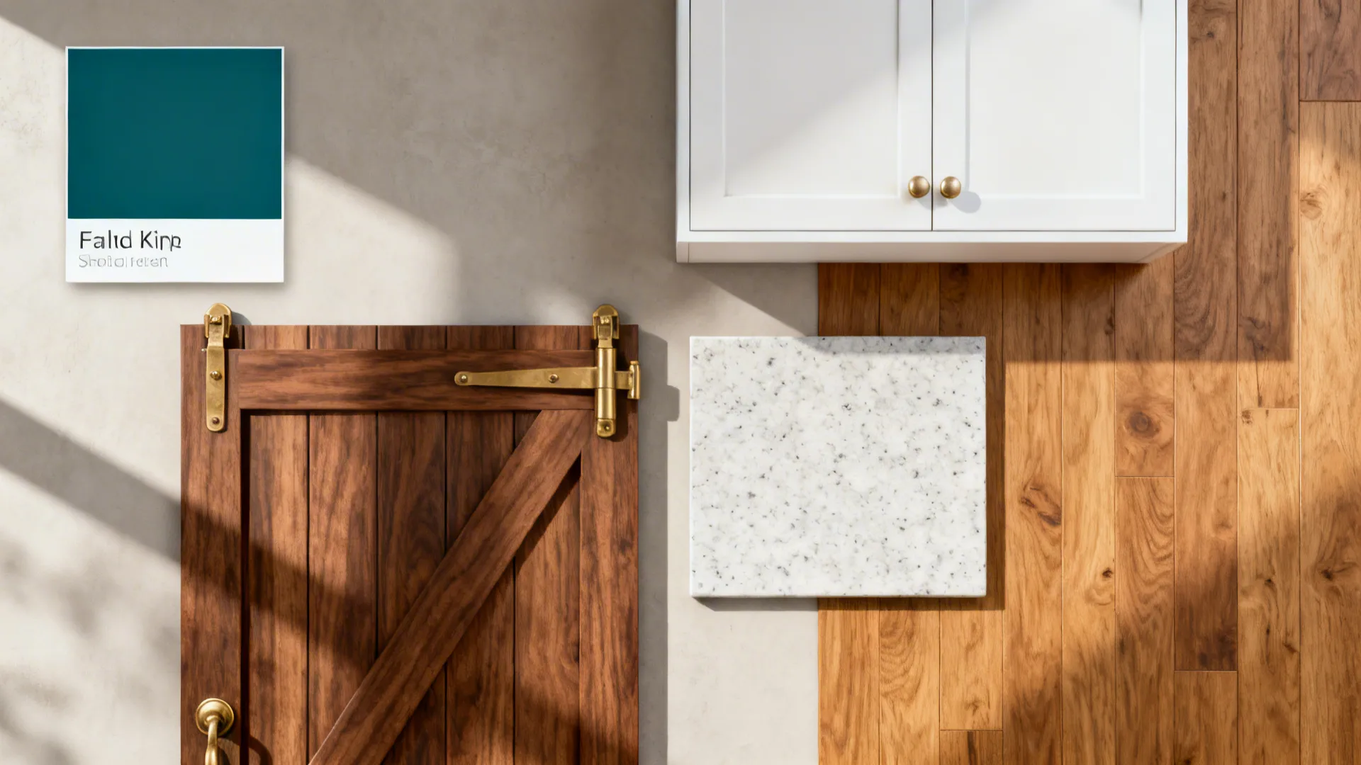 Flat lay with teal paint, walnut, brass, white matte cabinet, quartz, and oak flooring.