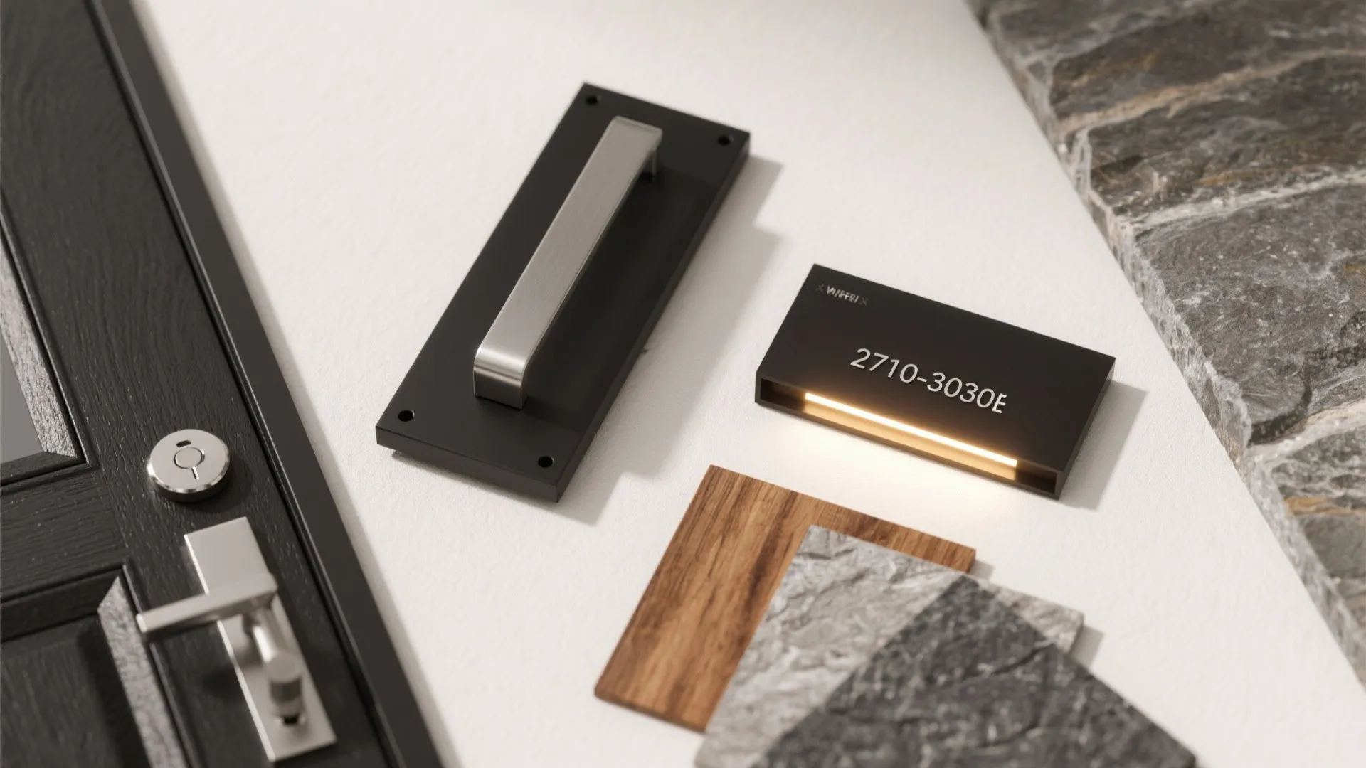 Accent the entry: house numbers, door hardware, and niches