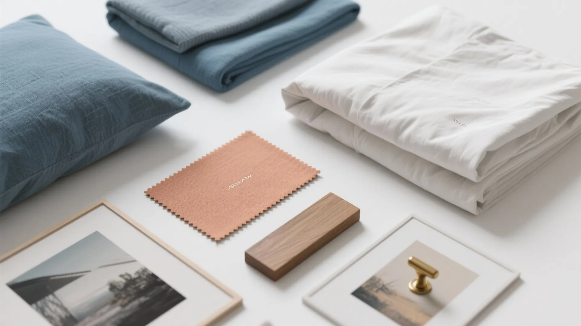 Interior design materials including blue pillows white bedding wood blocks and small fabric color samples