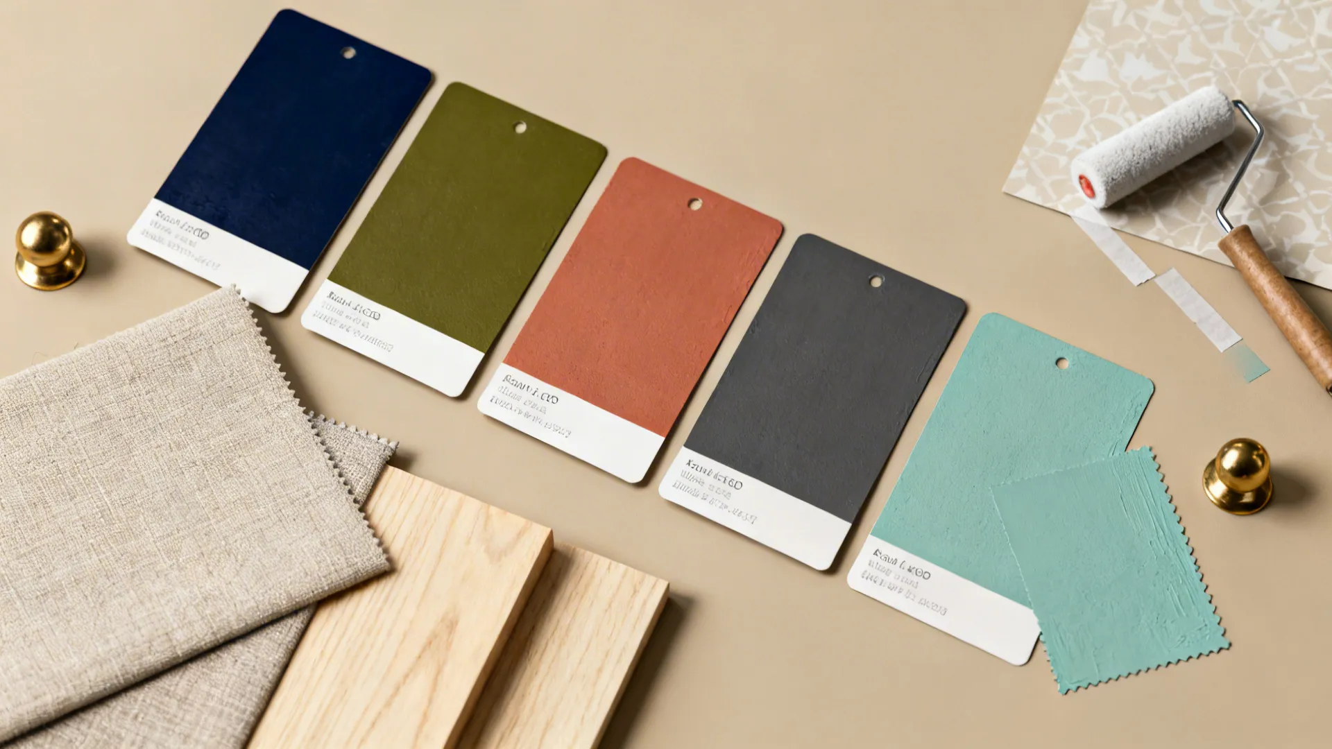 Interior design material board with colorful paint swatches fabric samples wood panels and paint roller