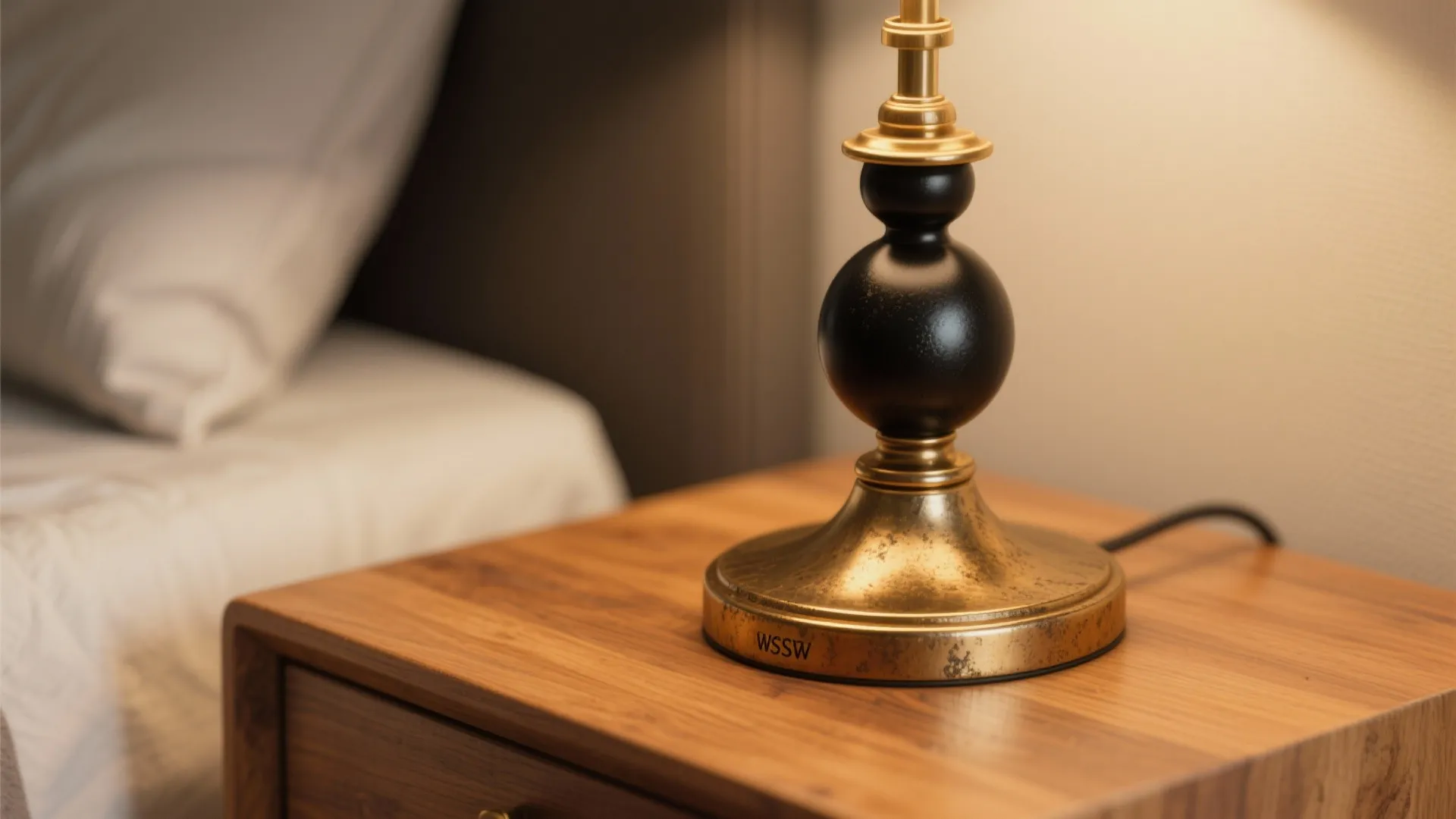 Close-up of brass lamp base, matte black hardware, and warm wooden nightstand showing material contrast.