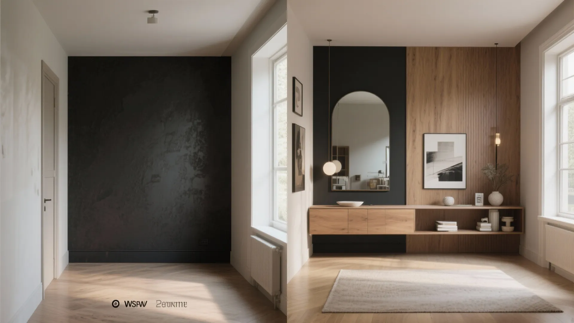 Before and after comparison of an empty dark wall versus a furnished room with mirror