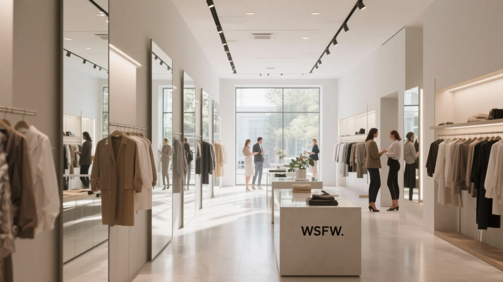 Modern clothing store interior with large wall mirrors white counters and black track light fixtures