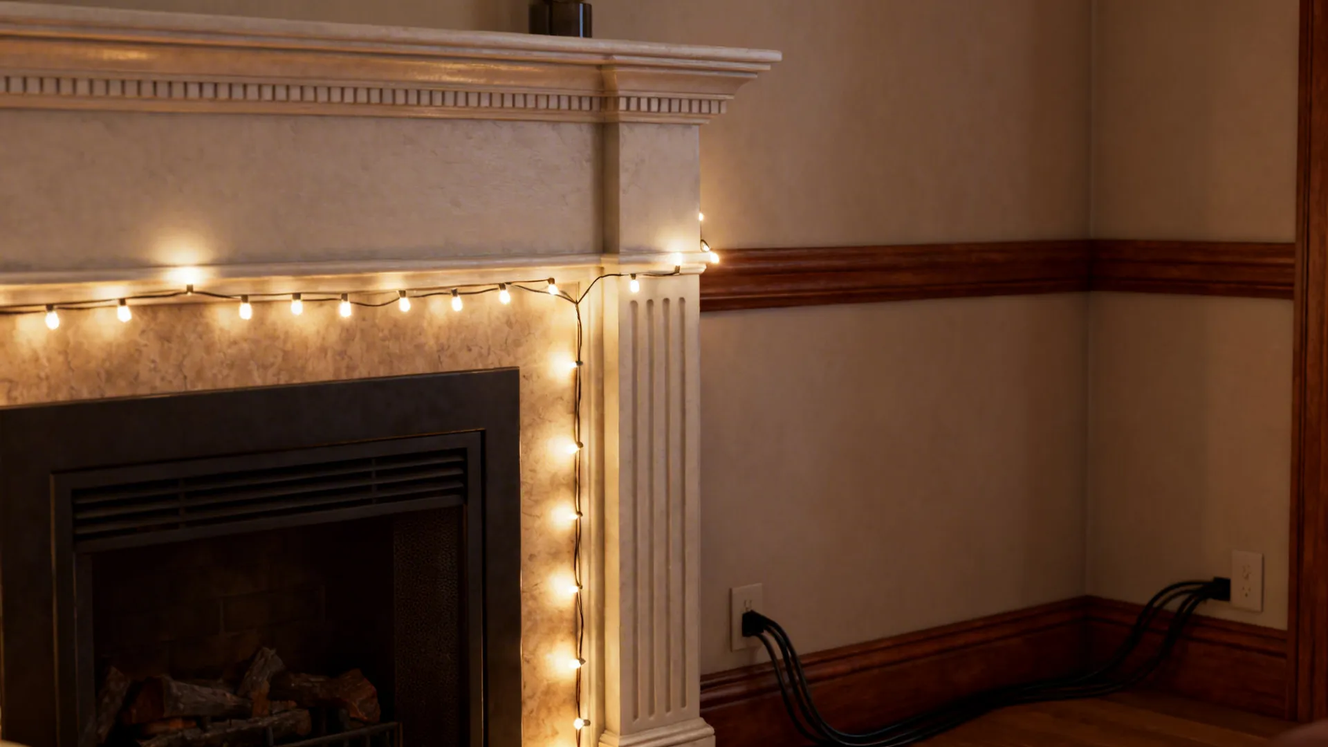 String lights accenting fireplace surround and molding with tidy concealed cords.