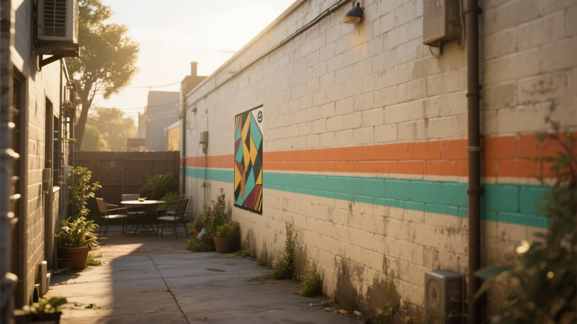 Outdoor patio area with colorful wall paint stripes and small table set in the sunlight