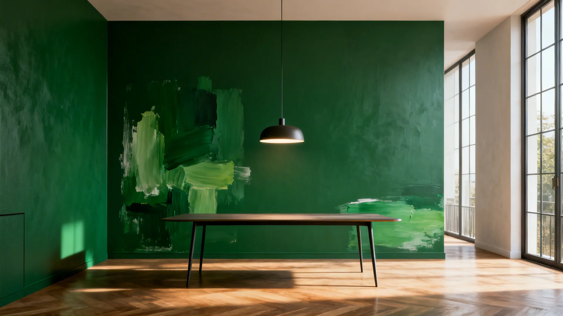 Dining room with bold painted accent wall and hand-painted mural in deep green