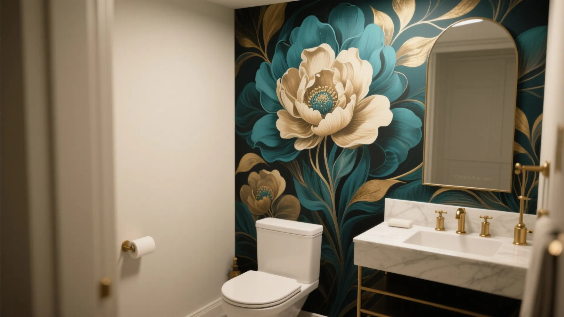 Bathroom featuring large blue floral wallpaper gold sink faucet marble counter toilet and arched mirror
