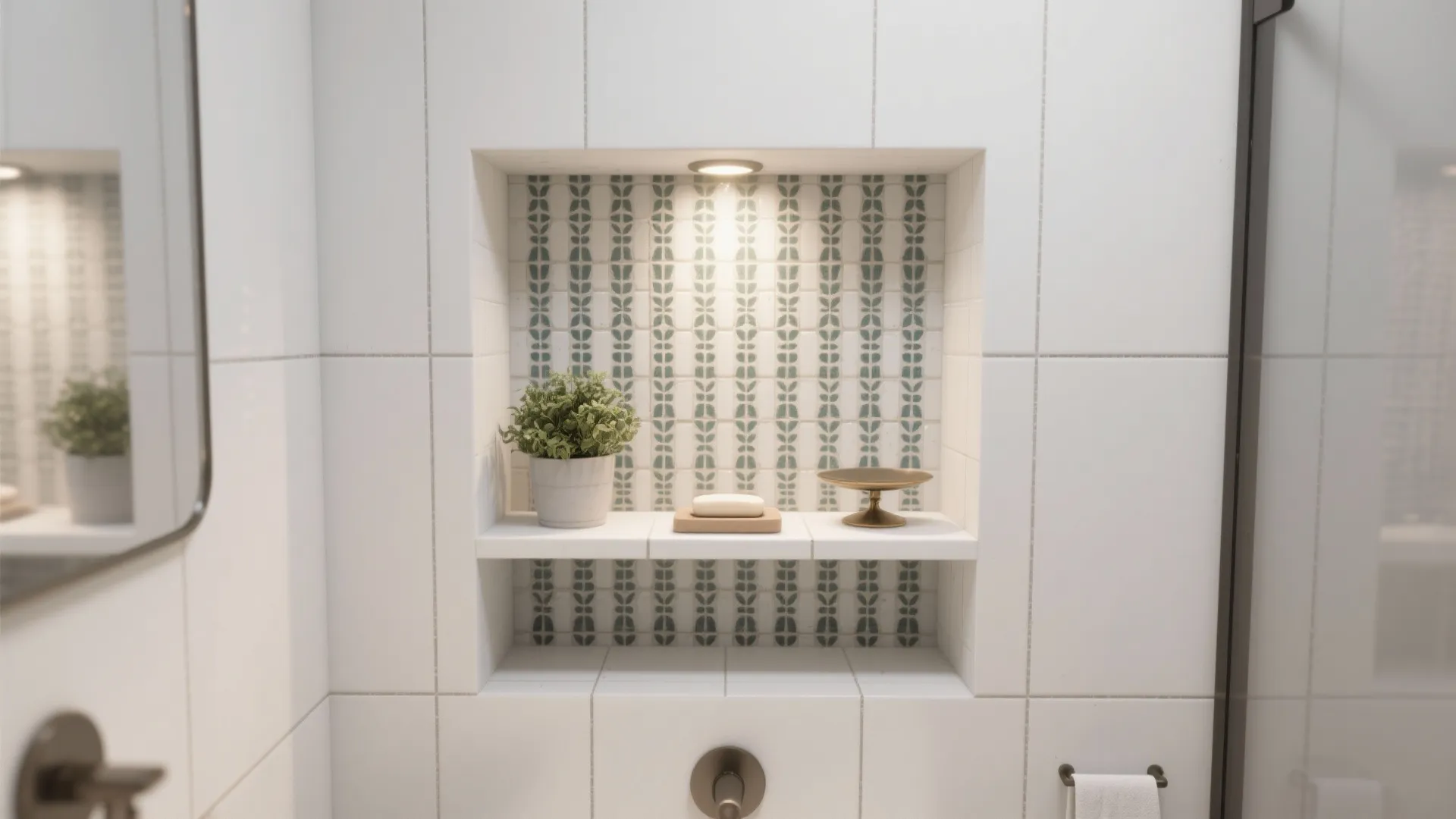 Built in wall shelf with pattern tiles small green plant soap and bright ceiling light