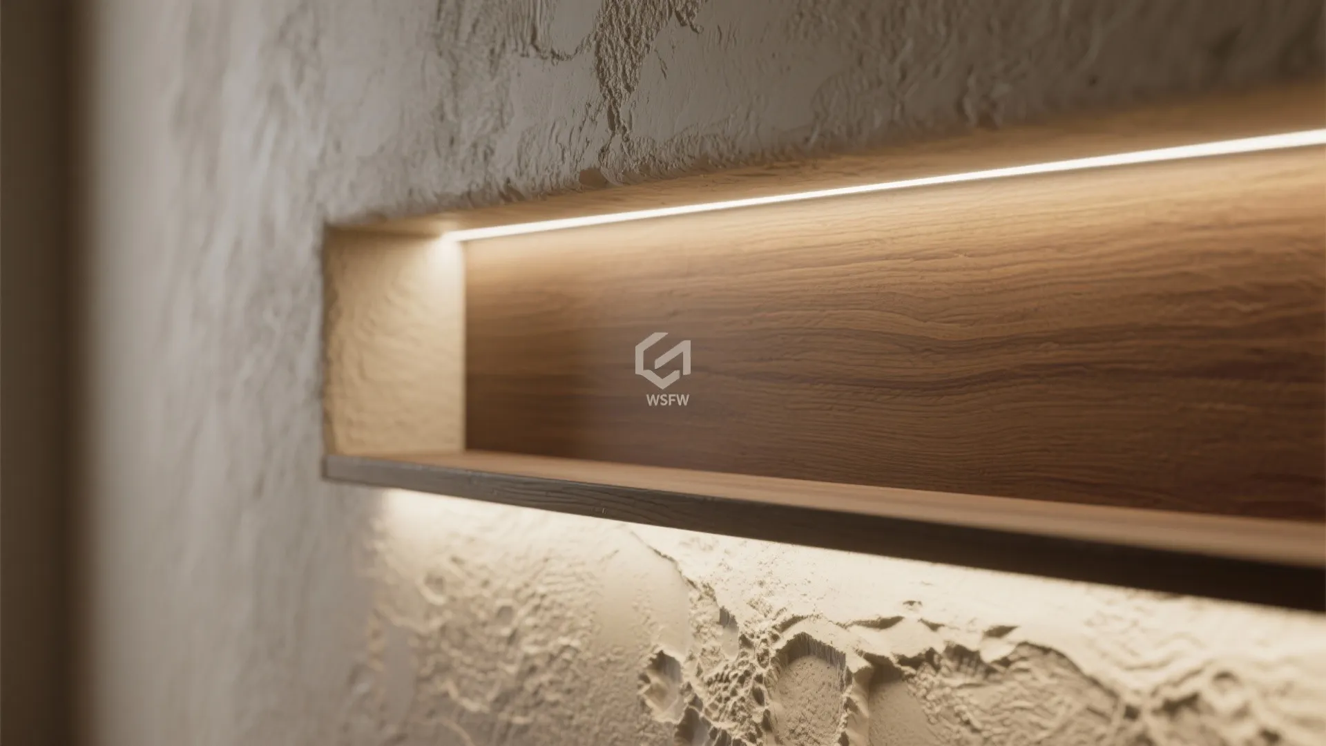 Recessed wall shelf with wood back and warm light strip on rough white textured wall