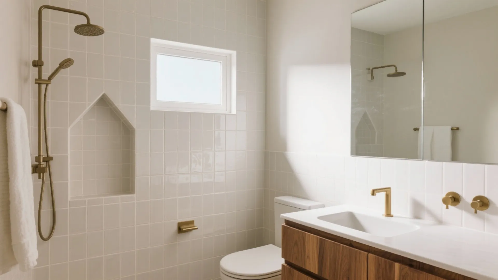 Modern bathroom with gold shower head, house shaped wall niche, white toilet, and wooden cabinet